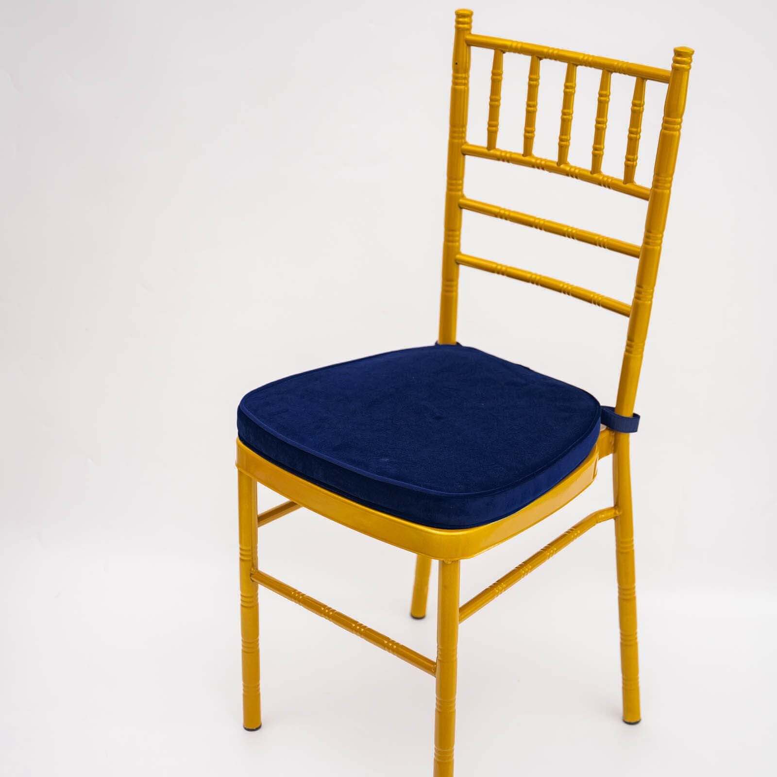 Velvet Chair Cushion with 2 Thick Memory Foam and Ties Navy Blue - Removable Cover for Chiavari Chairs