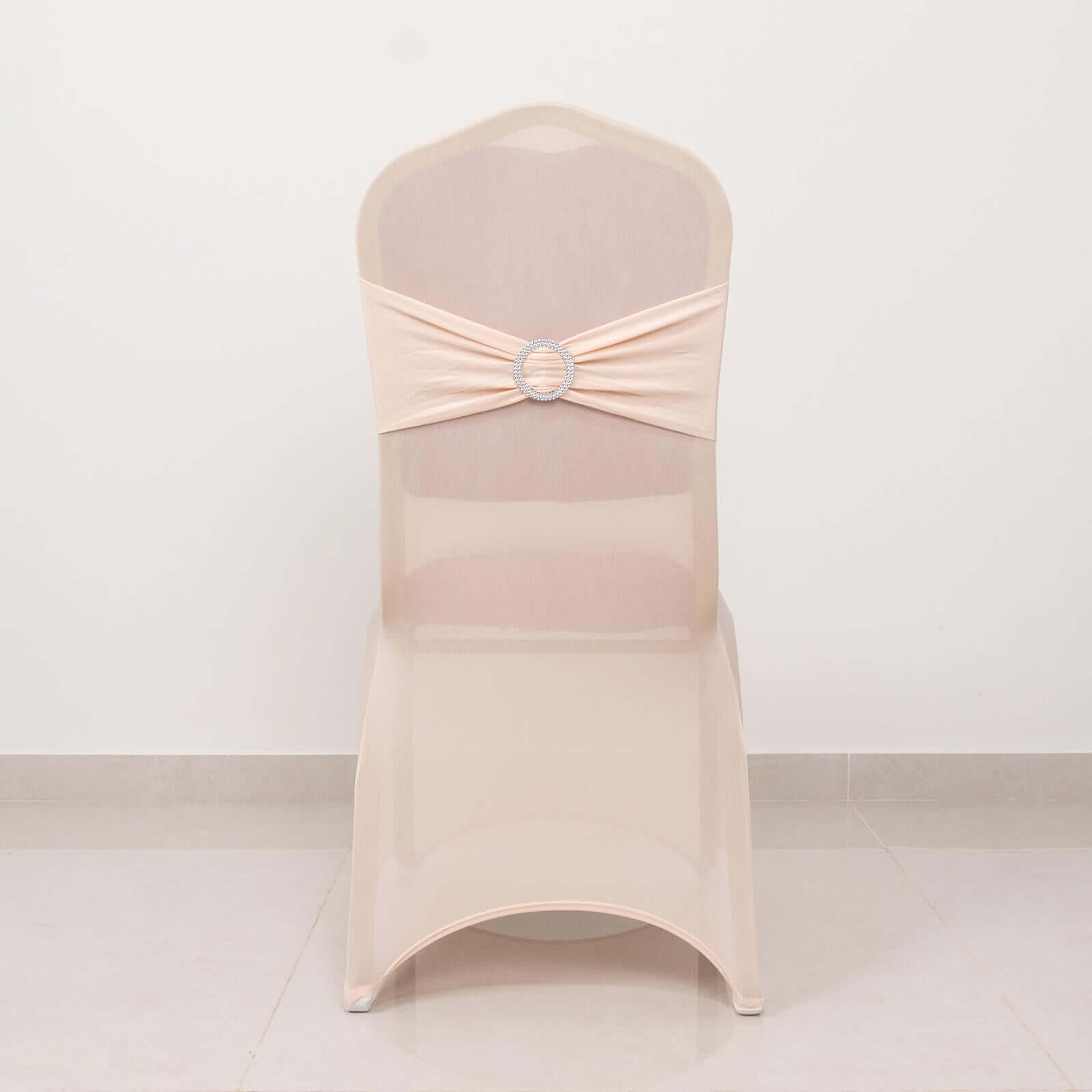 Spandex Chair Cover with Blush Rhinestone Buckled Sash Band Blush - Stretch Fitted Slipcover