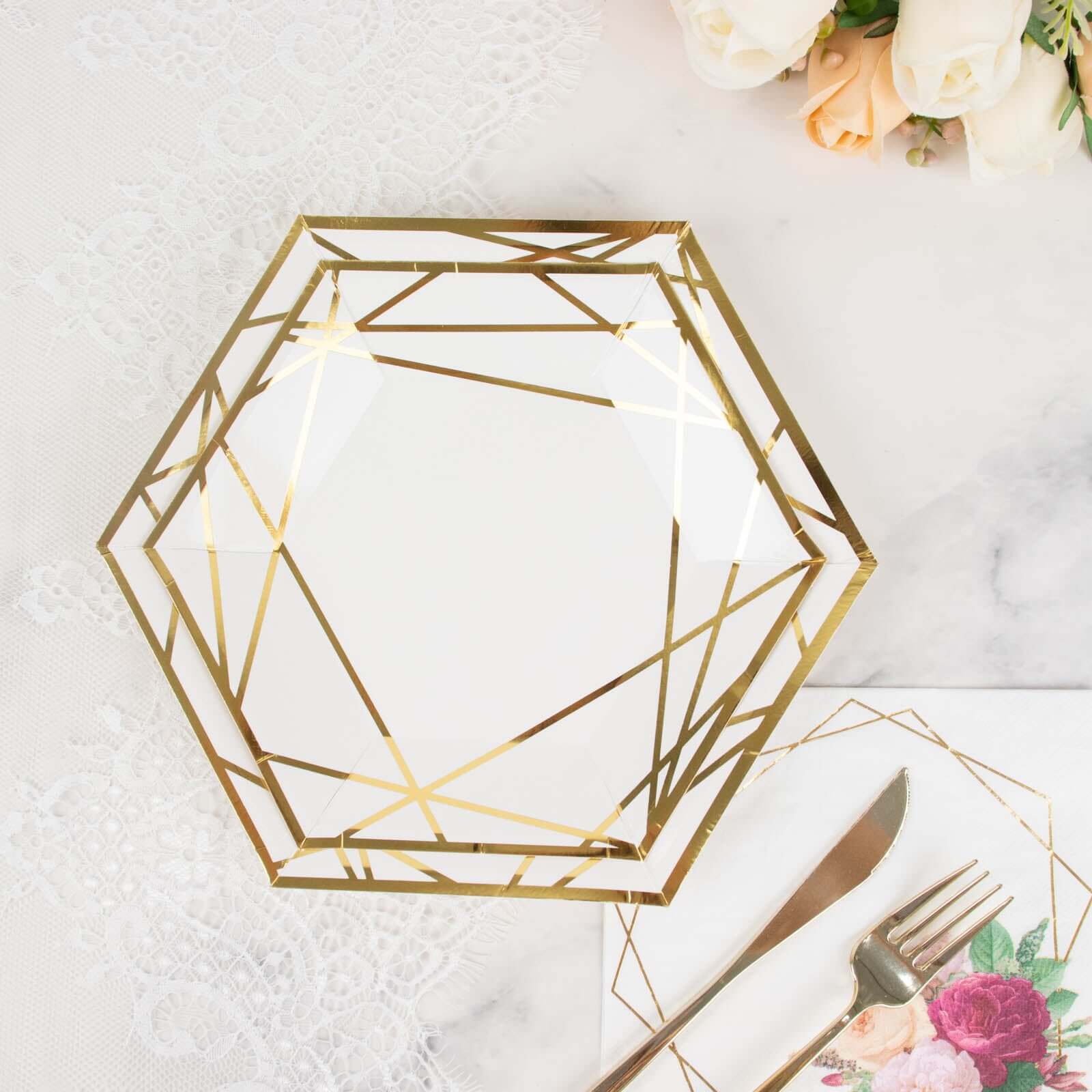 25-Pack Paper 7 Hexagon Dessert Plates in White with Gold Geometric Lines & Rim - Stylish Disposable Geometric 300GSM Appetizer Salad Plates for Events & Banquets