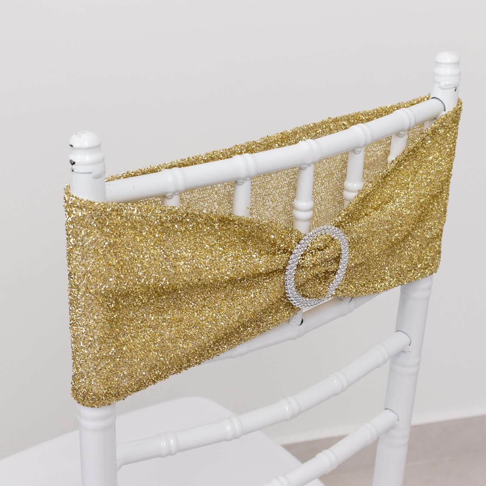 5 Pack Chair Sashes Shimmer Tinsel Spandex 5x12 with Silver Rhinestone Buckles Champagne - Stylish Chair Bands