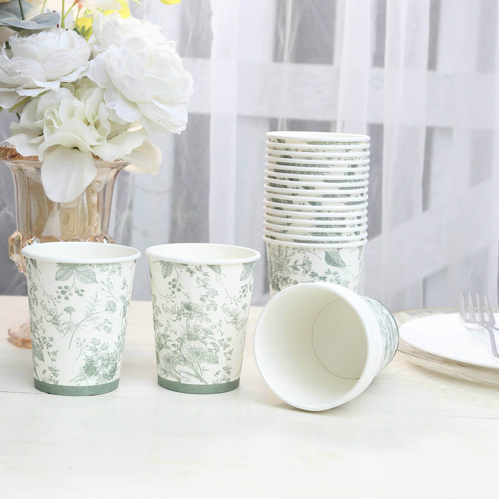 24-Pack Paper Cups White with Sage Green French Toile Print - Stylish Disposable Floral Party Cups for Hot & Cold Beverages 9oz