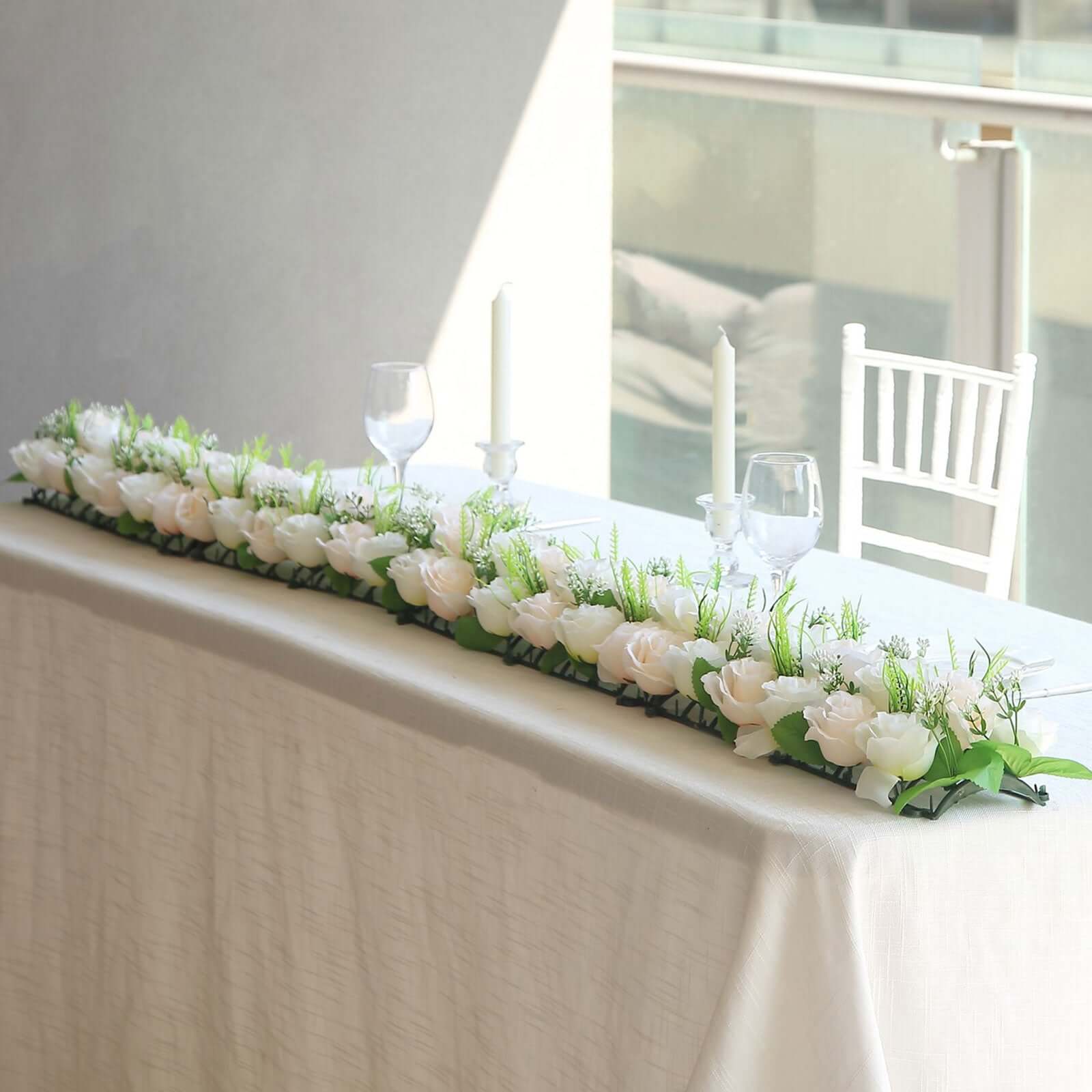 6 Pack Cream Ivory Silk Rose Flower Panel Table Runner, Artificial Floral Arrangements Wedding Table Centerpiece - 20x8