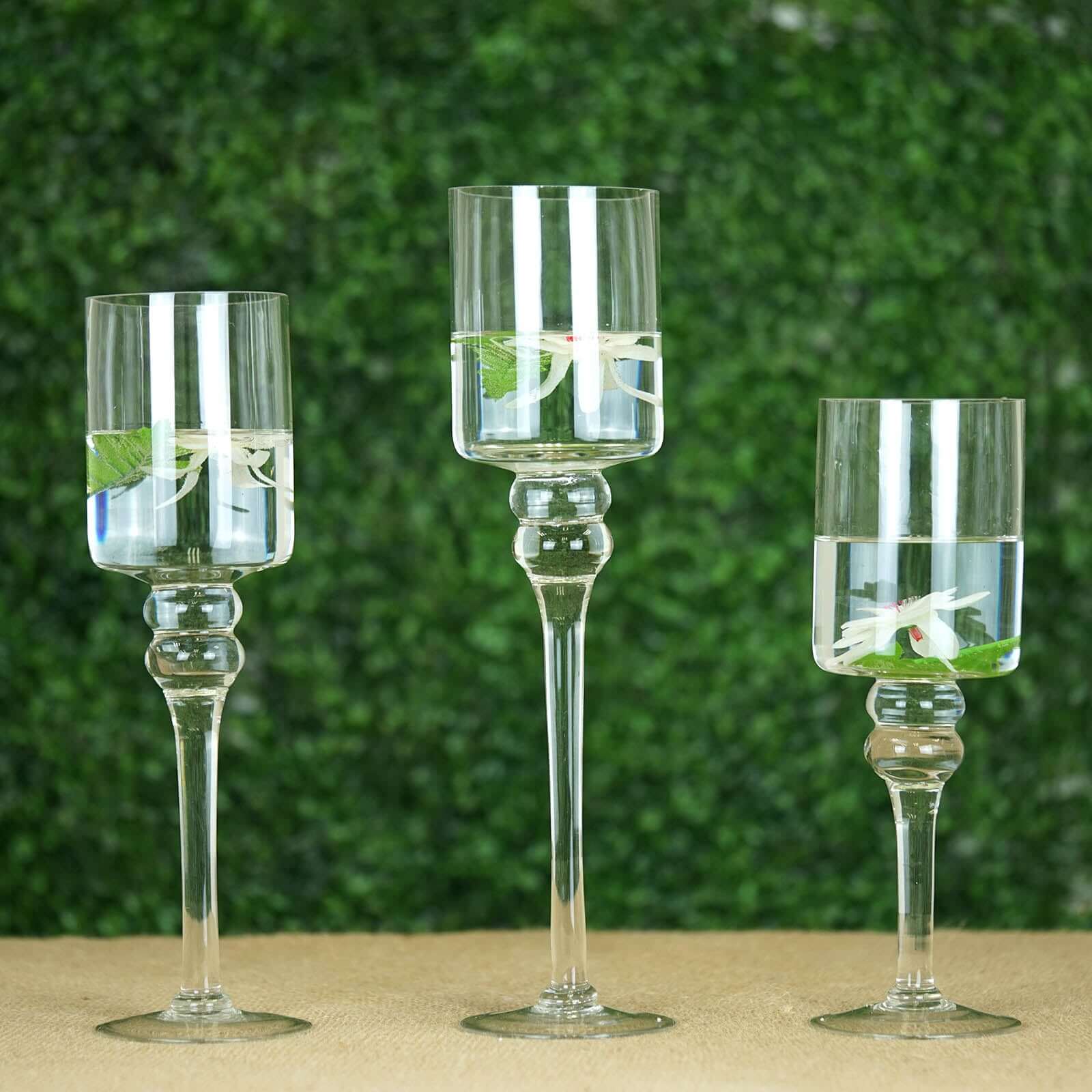 Set of 3 Glass Cylinder Vases Long Stem Clear - Decorative Candle Holder Floral Centerpieces 12, 14, 16