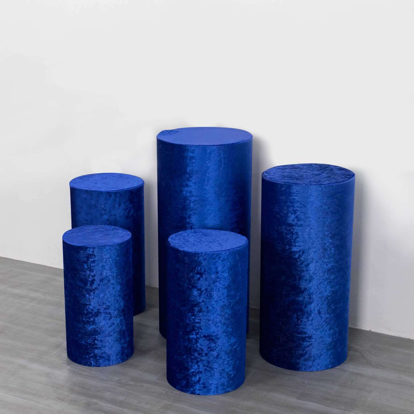 Set of 5 Royal Blue Crushed Velvet Cylinder Pedestal Stand Covers, Premium Pillar Prop Covers