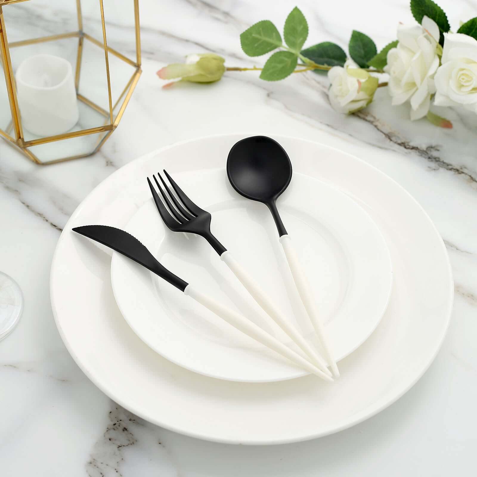 24-Pack Plastic Flatware Set in Black with Ivory Handle - Heavy Duty Disposable Modern Silverware 8