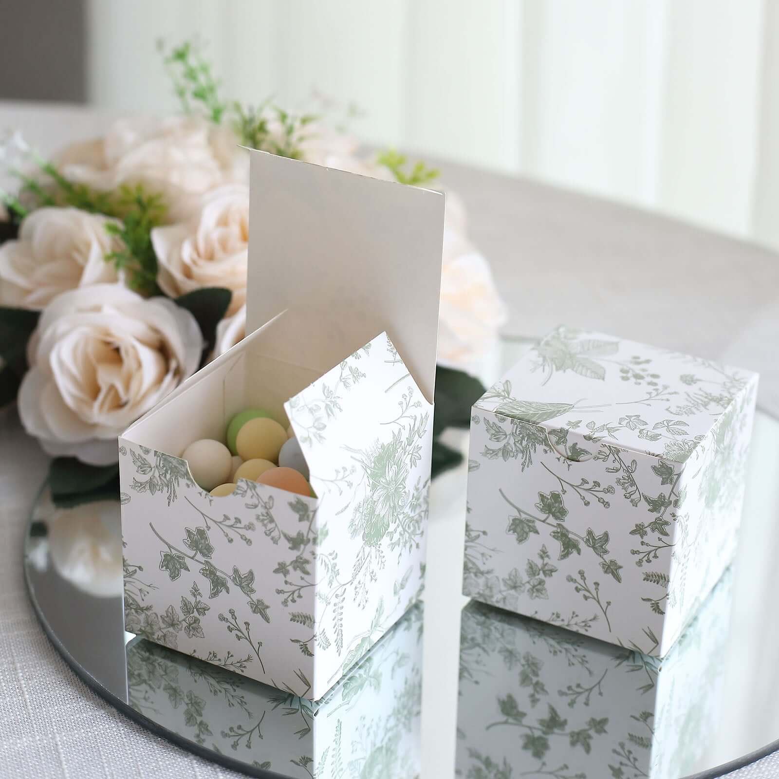 25 Pack White Sage Green Paper Favor Boxes in French Toile Pattern, Cardstock Party Shower Candy Gift Boxes - 3x3x3