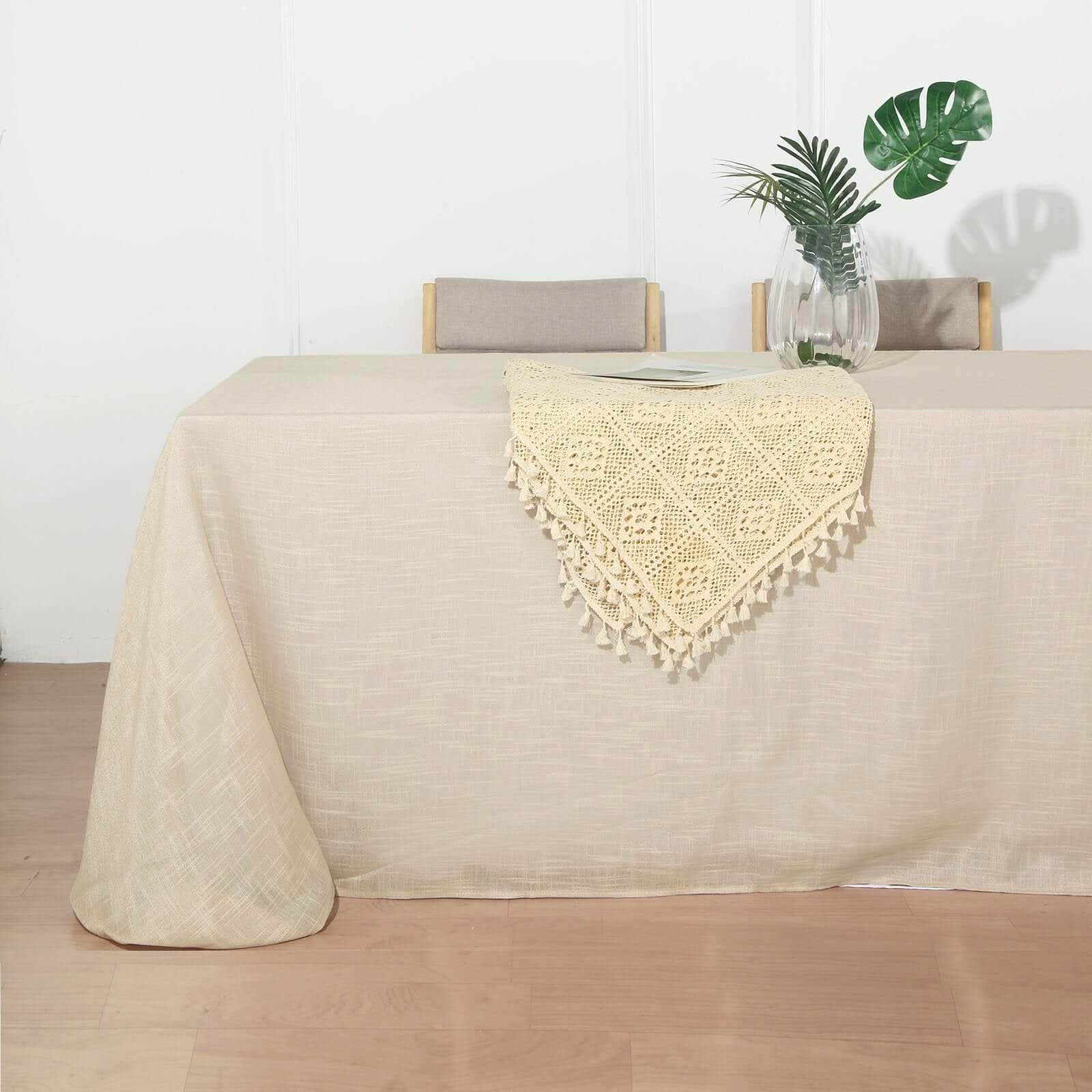 Faux Linen 90x156 Rectangular Tablecloth Beige - Slubby Texture Wrinkle-Resistant Seamless Table Cover