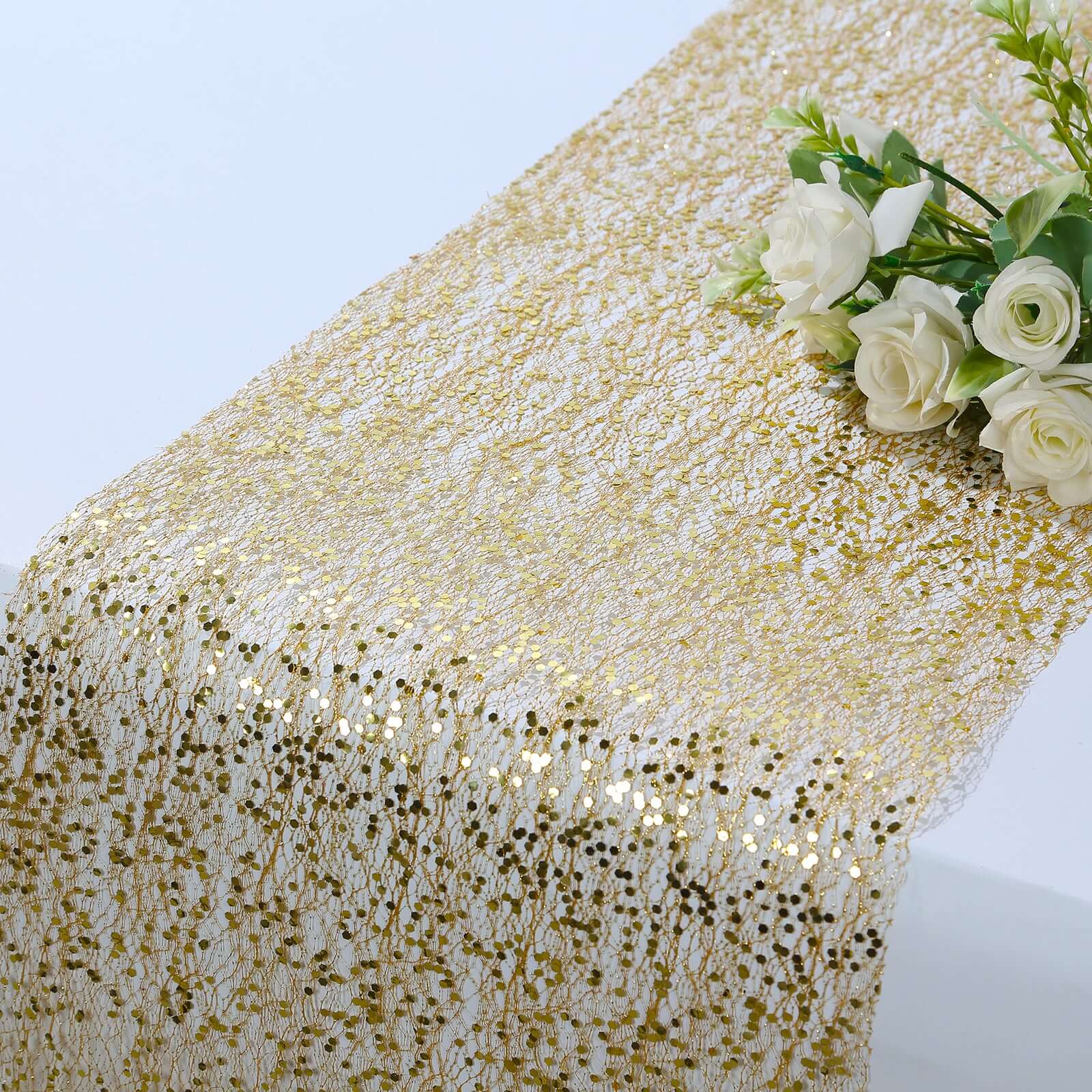 Mesh 11x108 Table Runner Metallic Gold - Sequin Design for Convenient Event Decoration