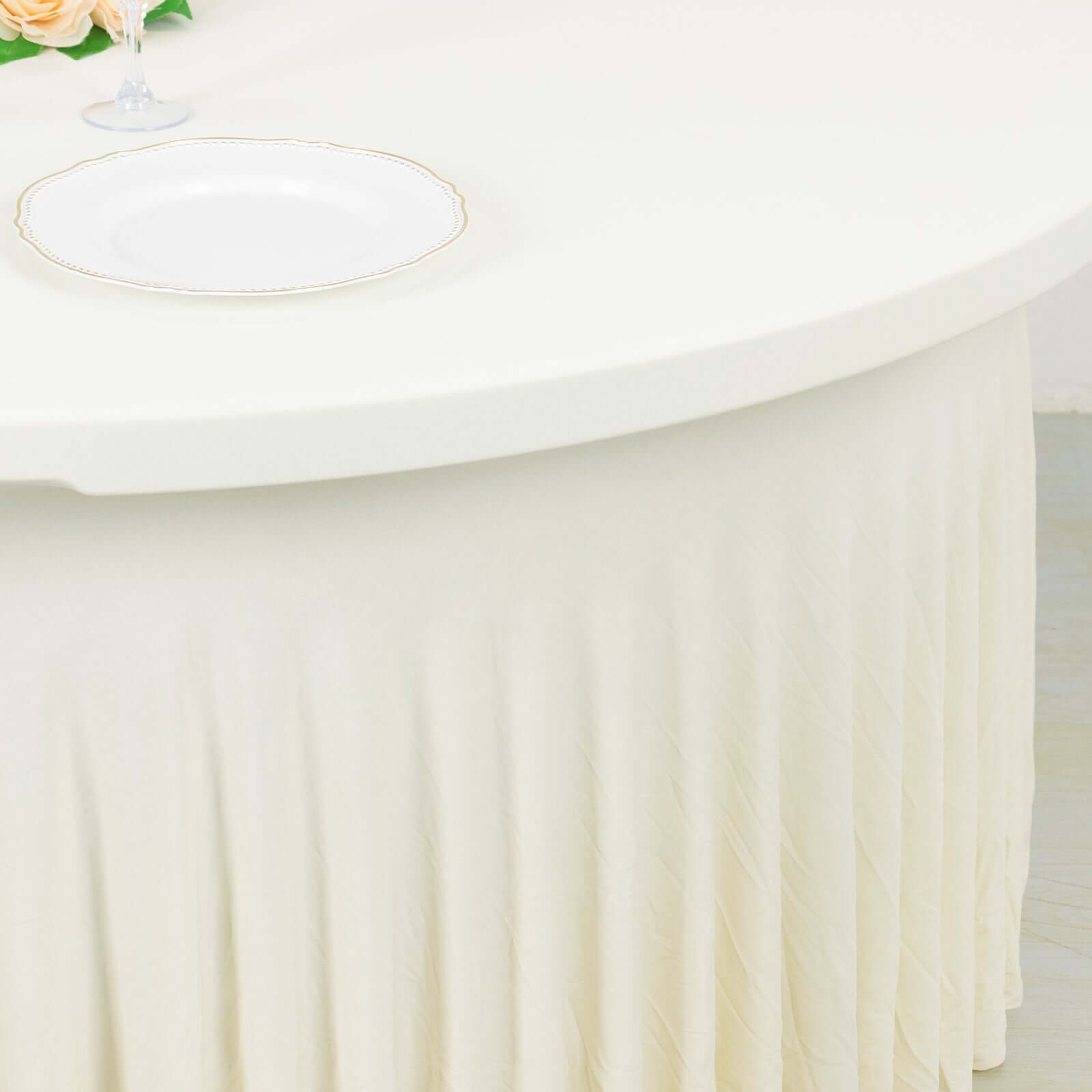 Spandex Round 5ft Table Skirt Ivory with Wavy Skirt-Like Effect Stylish Table Cover