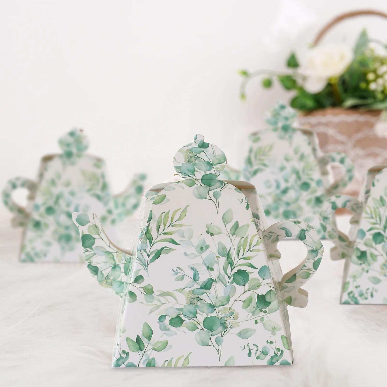 25 Pack Eucalyptus Greenery Mini Teapot Party Favor Boxes, Tea Time Gift Boxes - 5x4