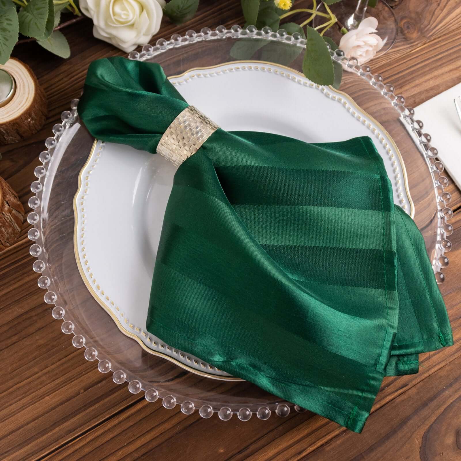 5 Pack Satin 20x20 Napkins Hunter Emerald Green Glossy Stripes - Durable & Wrinkle-Free Cloth Napkins