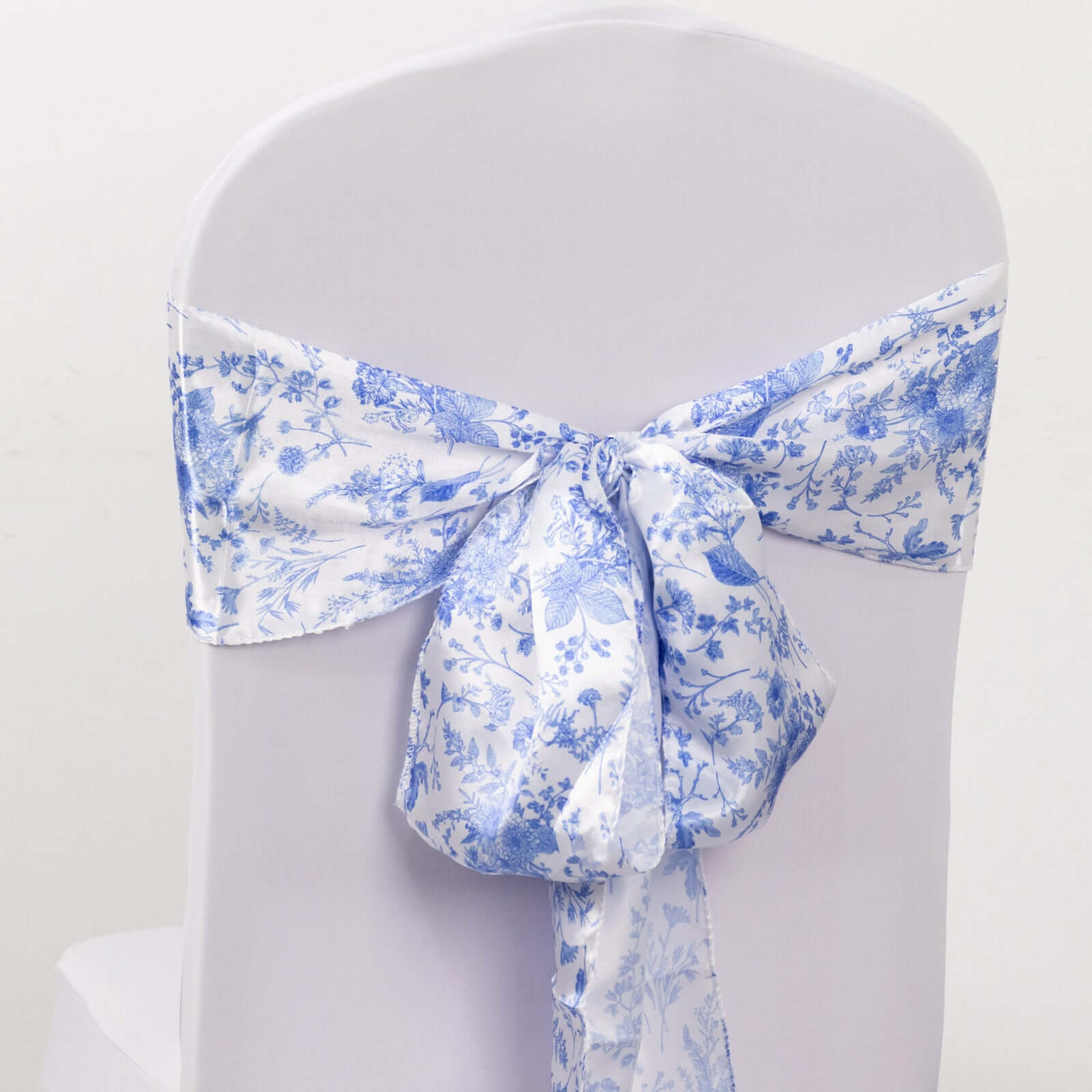 5 Pack Satin Chair Sashes White/Blue French Toile Floral Pattern - Wrinkle-Resistant & Reusable Chair Bows for Effortless Event Setup 6x108