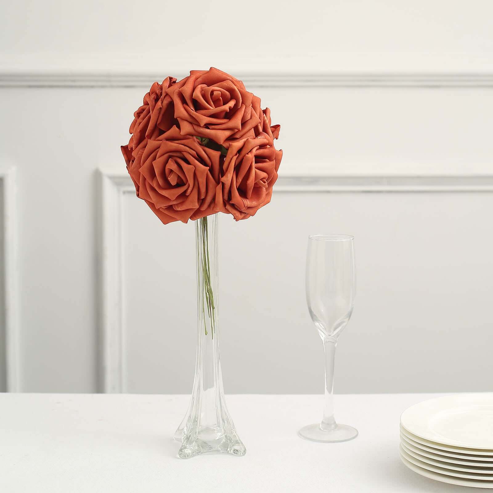 24 Roses 5 Terracotta (Rust) Artificial Foam Flowers With Stem Wire and Leaves