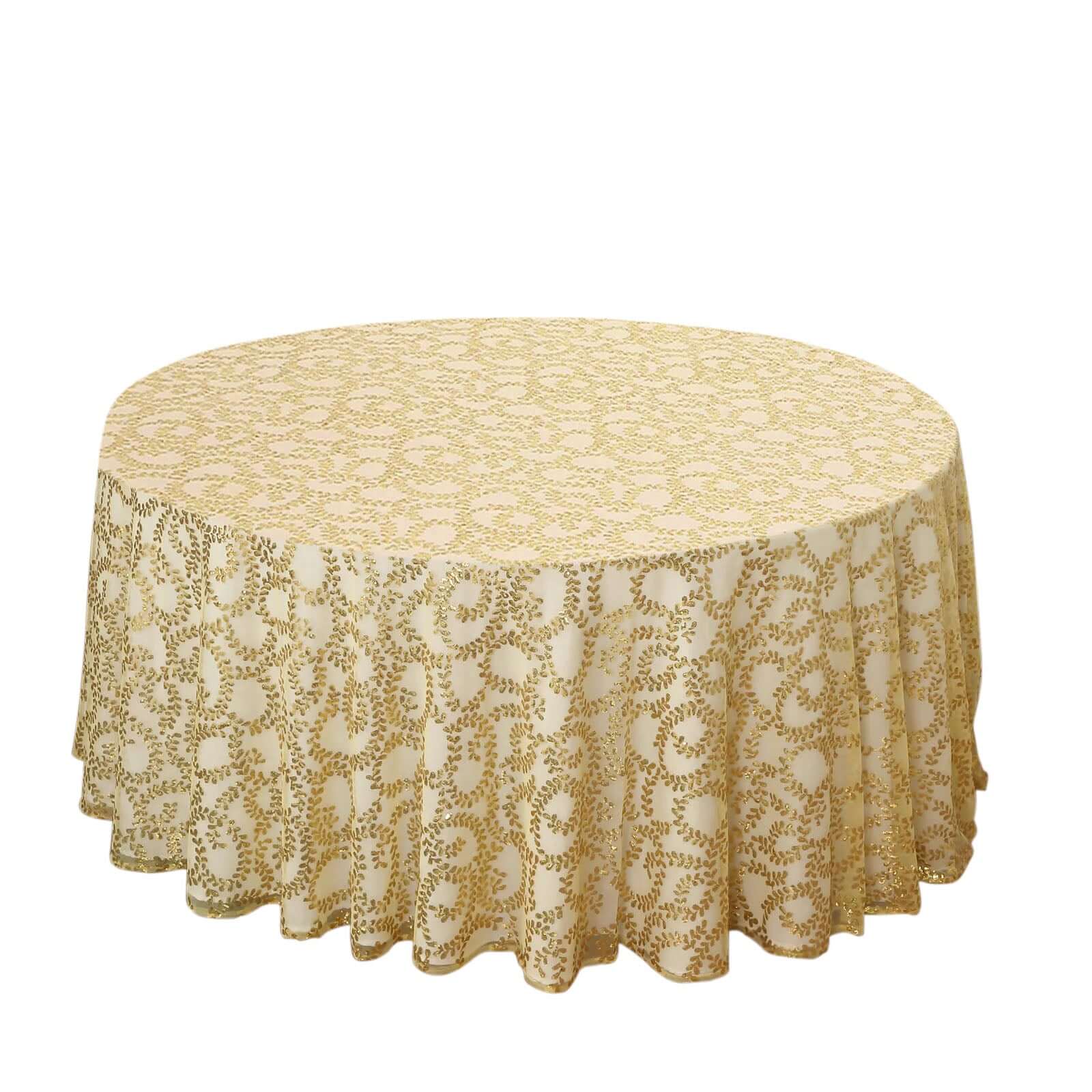 Tulle 120 Round Tablecloth Gold - Seamless Sequin Leaf Embroidered Design for Sophisticated Occasions