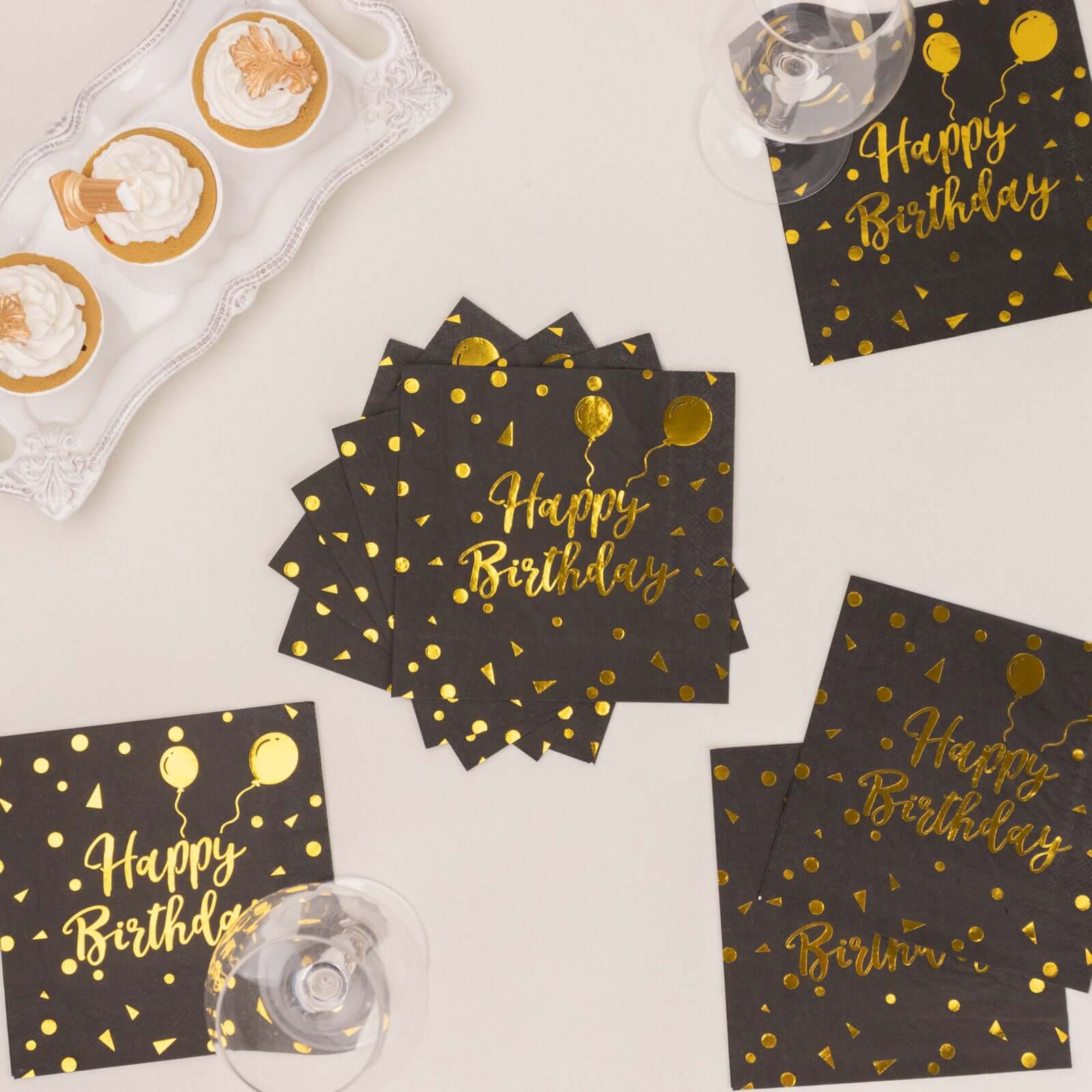 20-Pack Paper Beverage Napkins with Happy Birthday Foil Print Black/Gold - 2 Ply Disposable 18GSM Soft Party Napkins 6.5x6.5