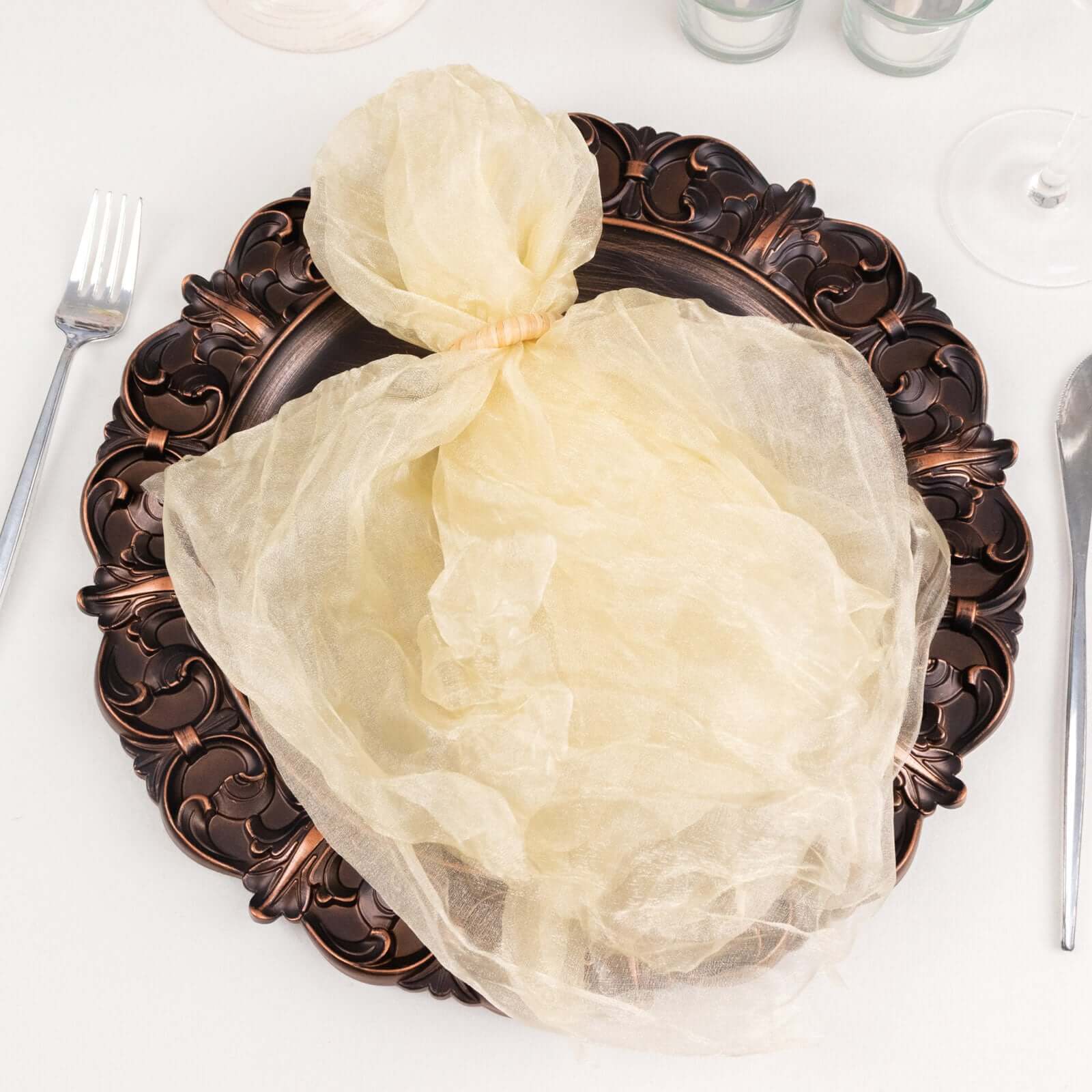 5 Pack Crinkled Organza 21x21 Napkins Champagne - Rustic Style Dinner & Party Napkins