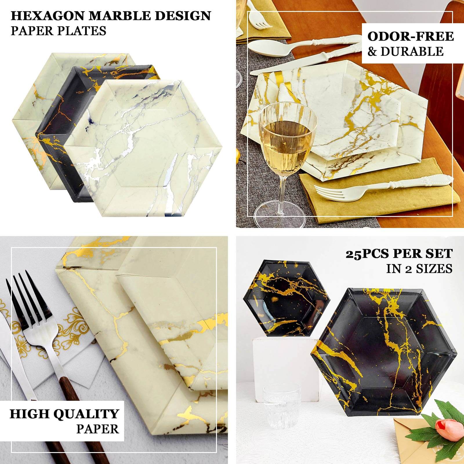 25 Pack Ivory Marble 12 Serving Dinner Paper Plates, Disposable Hexagon Geometric Shaped Plates With Gold Foil Marble Design - 400 GSM