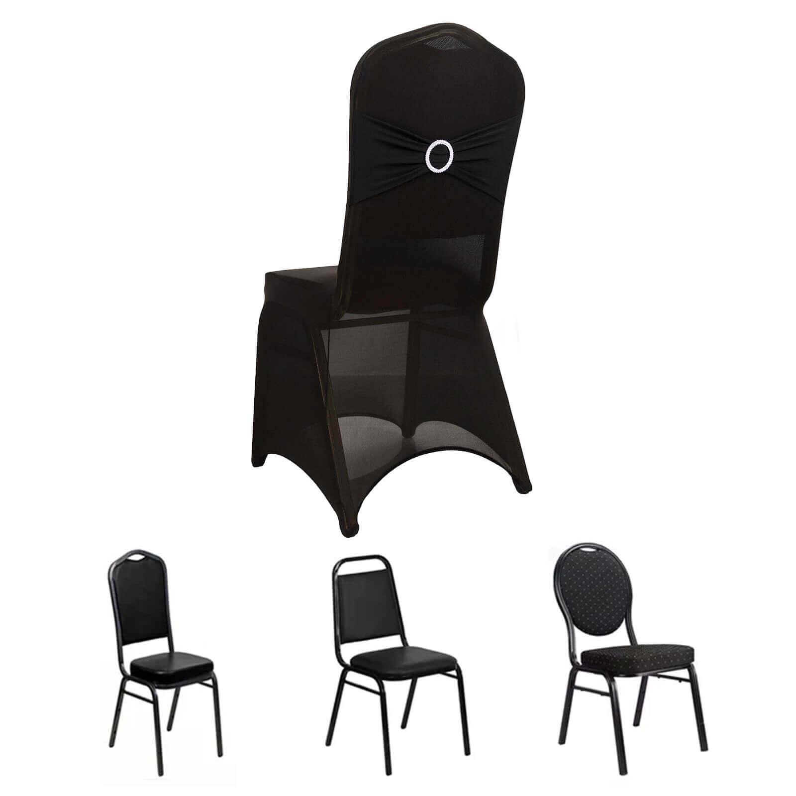 Spandex Chair Cover with Black Rhinestone Buckled Sash Band Blush - Stylish Stretch Fitted Slipcover for Banquets & Events