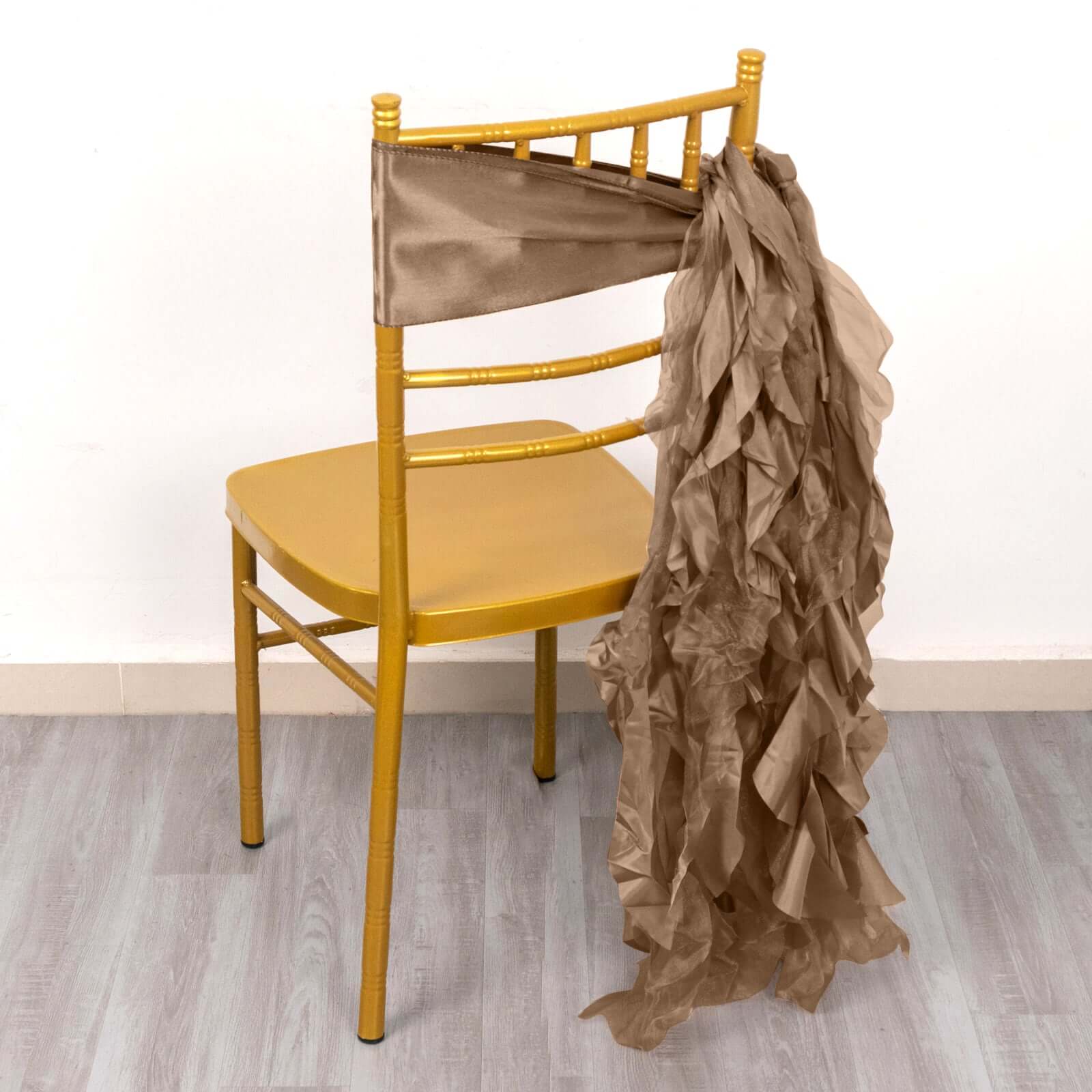 5 Pack Chiffon Satin Chair Sashes Taupe - Easy to Install Ruffled Curly Willow