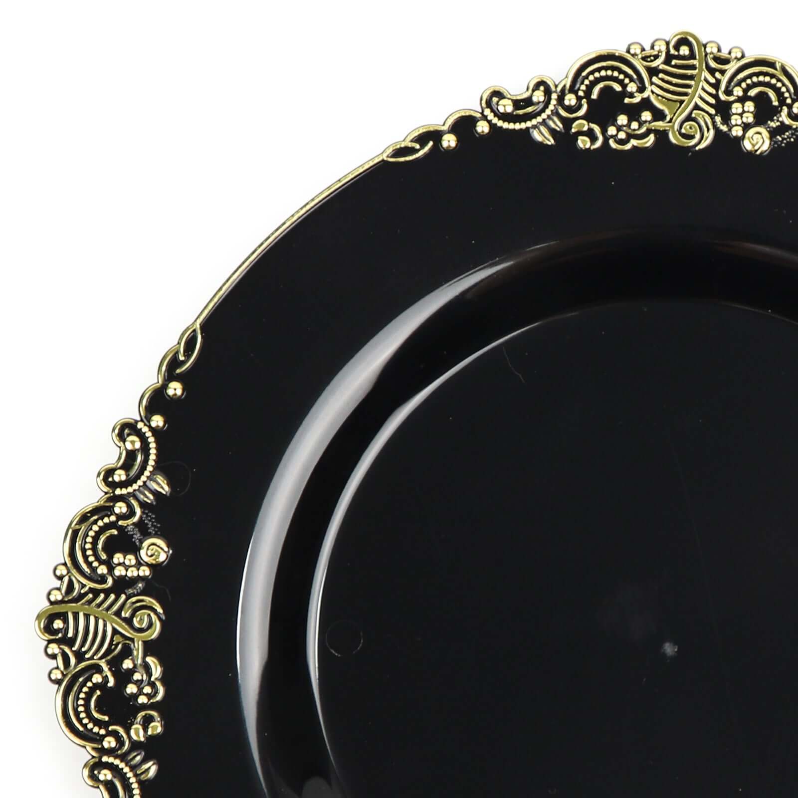 10-Pack Plastic 8 Round Dessert Plates in Black with Gold Leaf Embossed Rim - Disposable Vintage Baroque Style Salad Plates