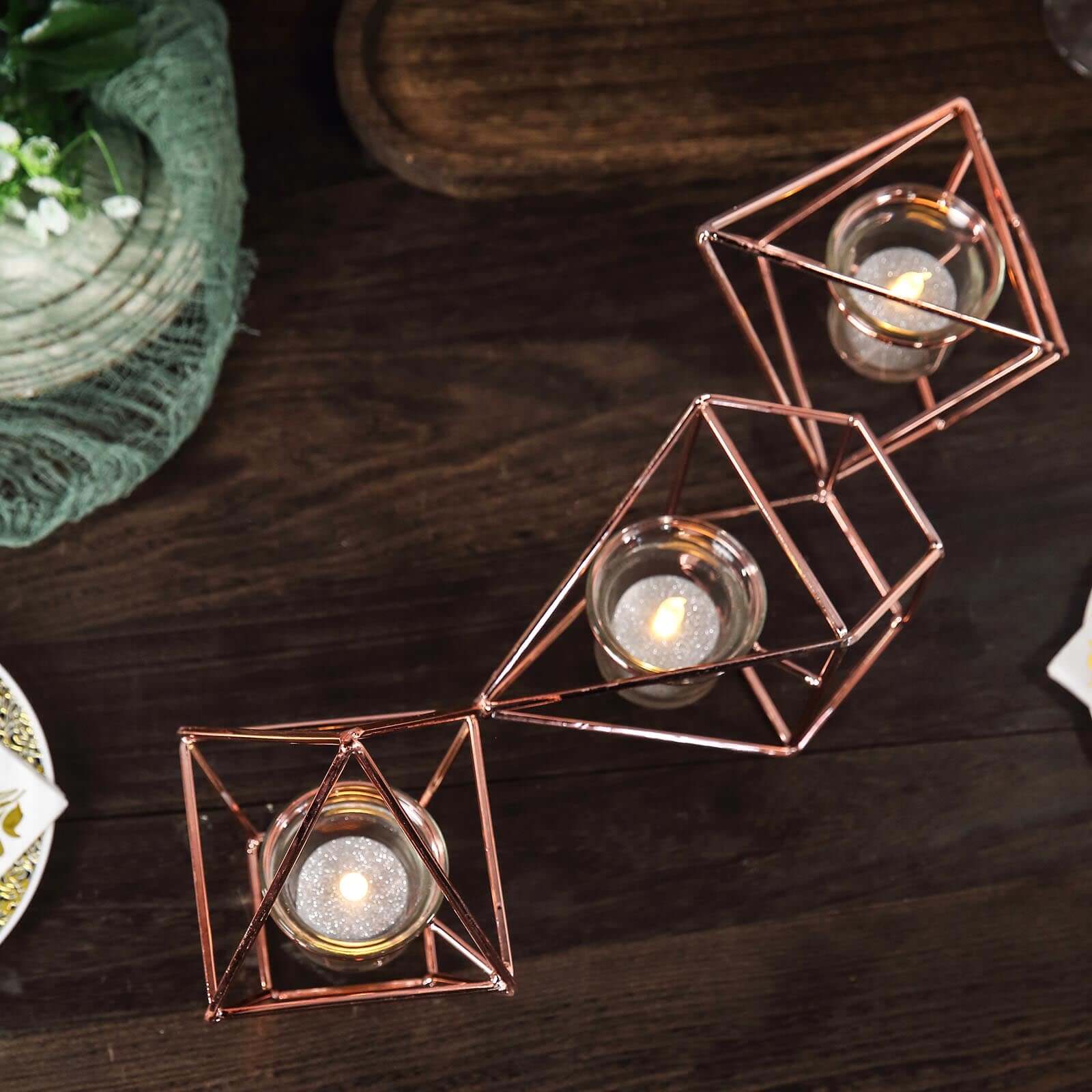 Set of Metal Candle Holders Linked Geometric Design Rose Gold - Modern Votive Glass Decor for Tables & Gatherings 16