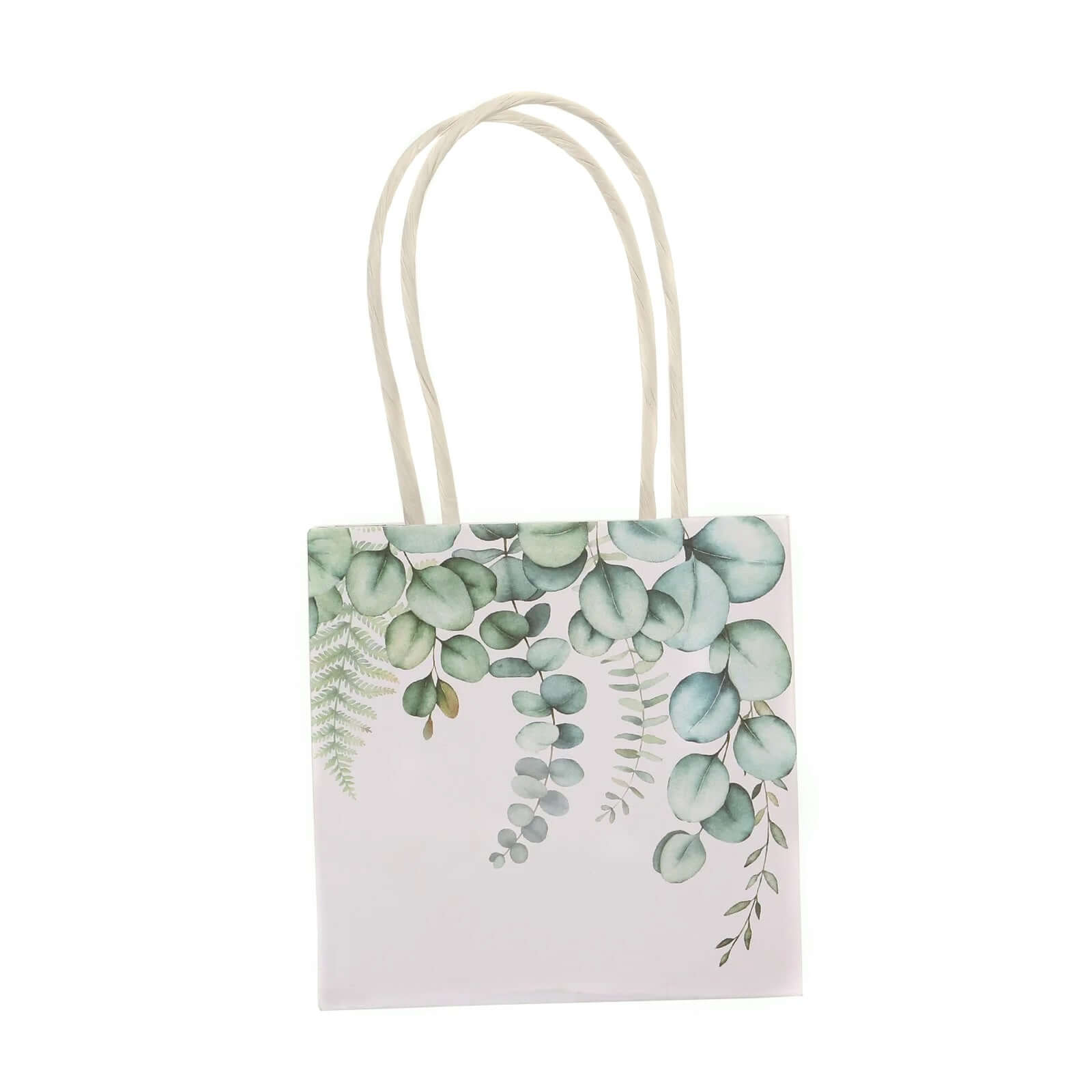 12 Pack White Green Eucalyptus Leaves Paper Party Favor Bags With Handles, Small Gift Goodie Bags - 4x4