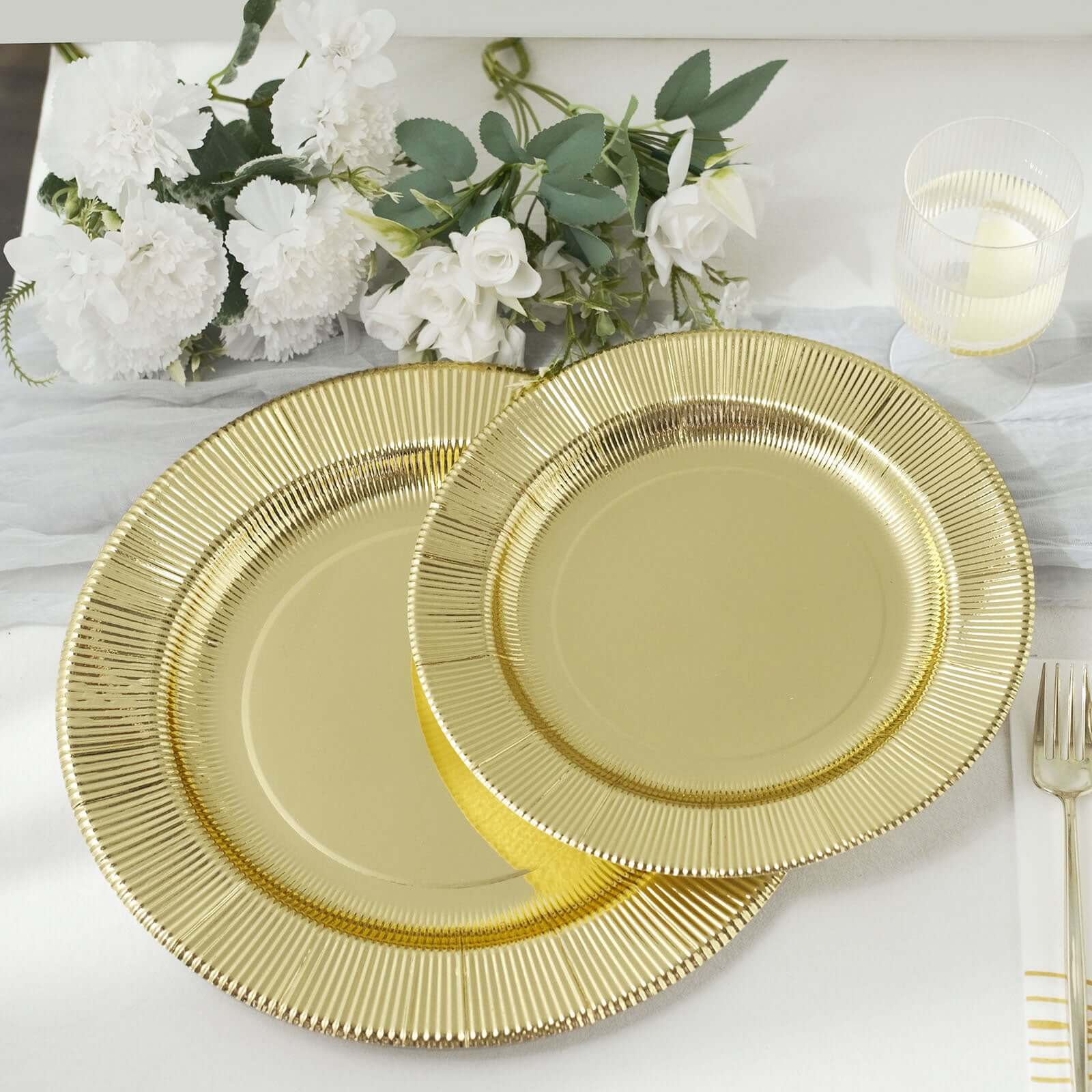 25-Pack Paper 10 Round Dinner Plates in Metallic Gold Sunray Design - Disposable Heavy Duty 350GSM Party Plates