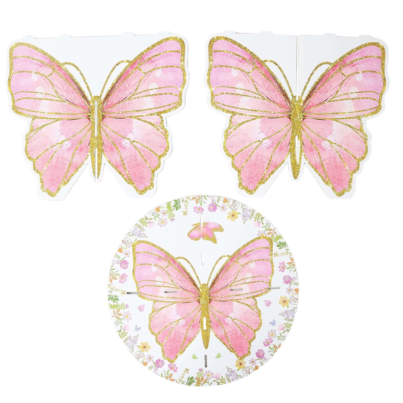 2-Pack Foam Board Cake Stands White/Pink Glitter Butterfly with Floral Print - Sturdy Cupcake Dessert Holder Display Stands for Enchanted Garden Party Birthday & Event Decor 12