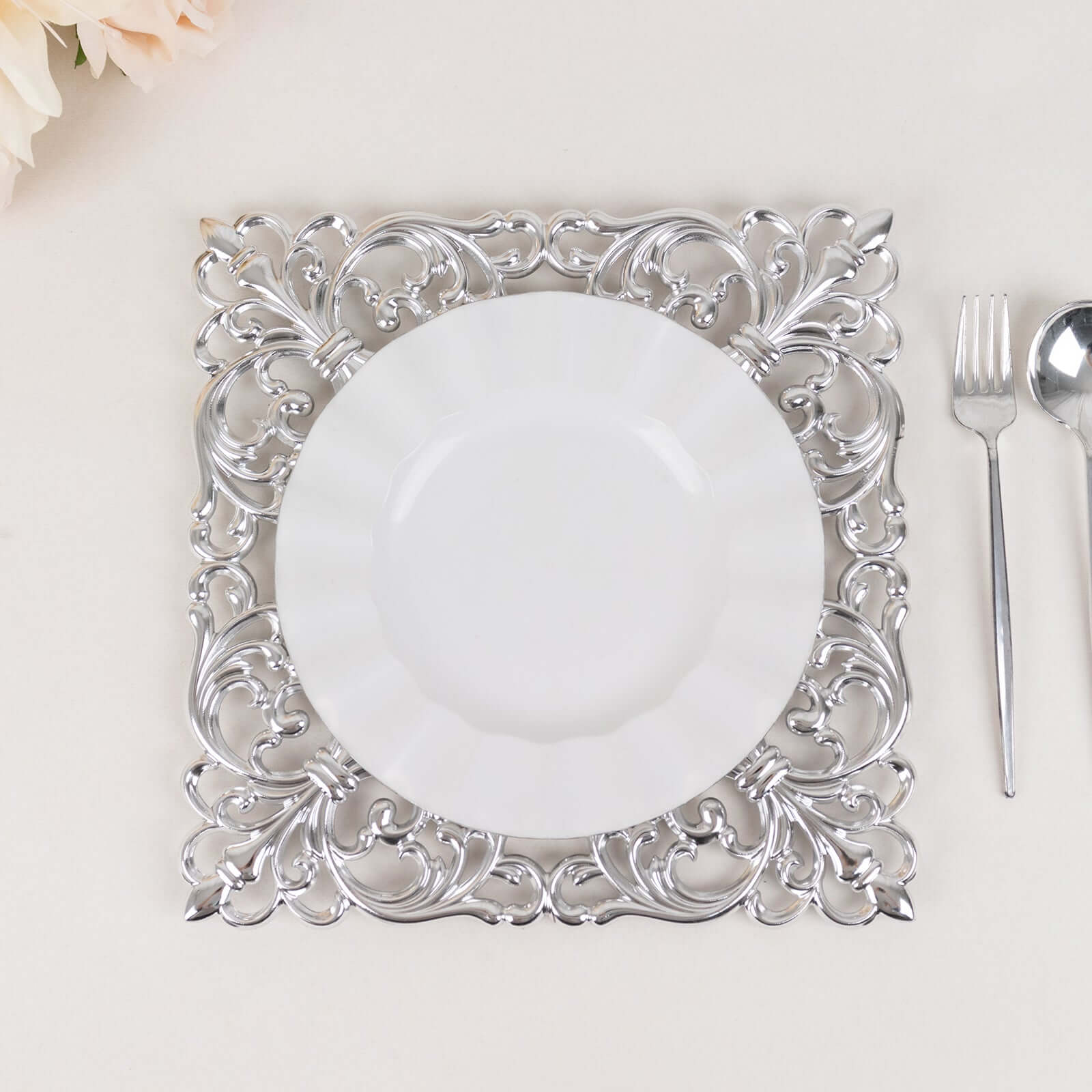 6-Pack Acrylic Square Charger Plates 12 in Silver with Hollow Lace Border, Event Tabletop Decorative Charger Tableware