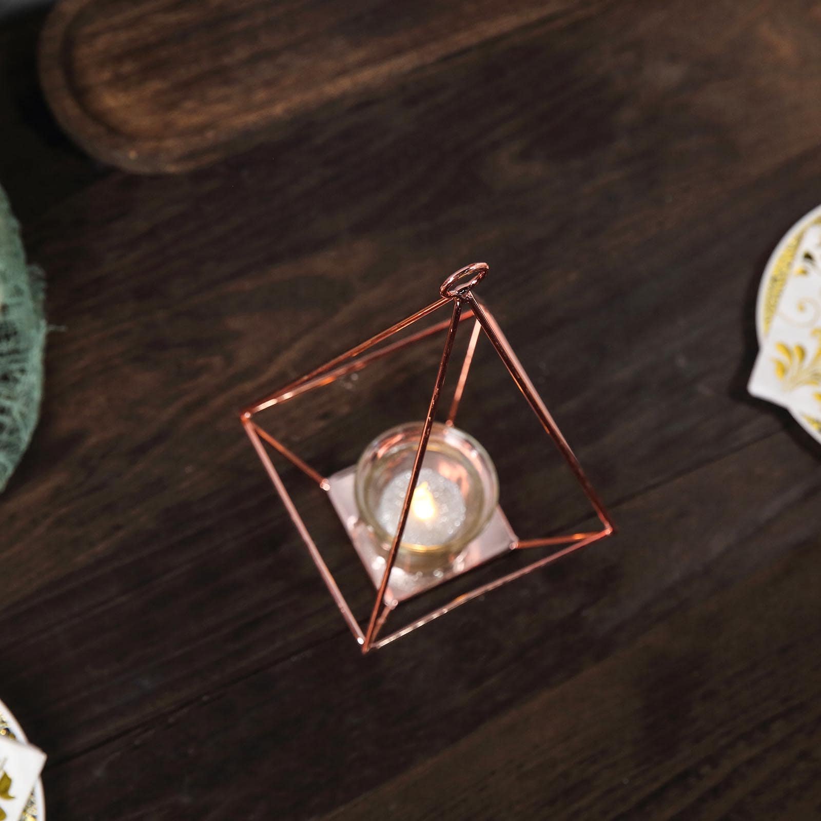 2-Pack Tealight Candle Holders Rose Gold Metal Pyramid Geometric Open Frame - Flower Stand 9