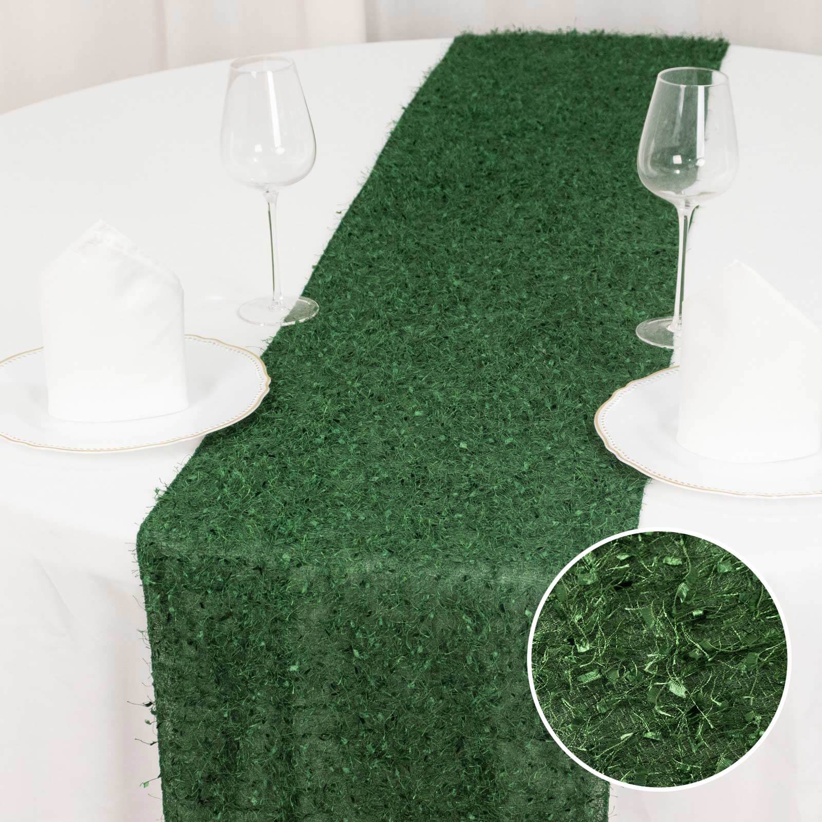 Polyester 12x108 Table Runner Green - Fringe Shag Table Decor