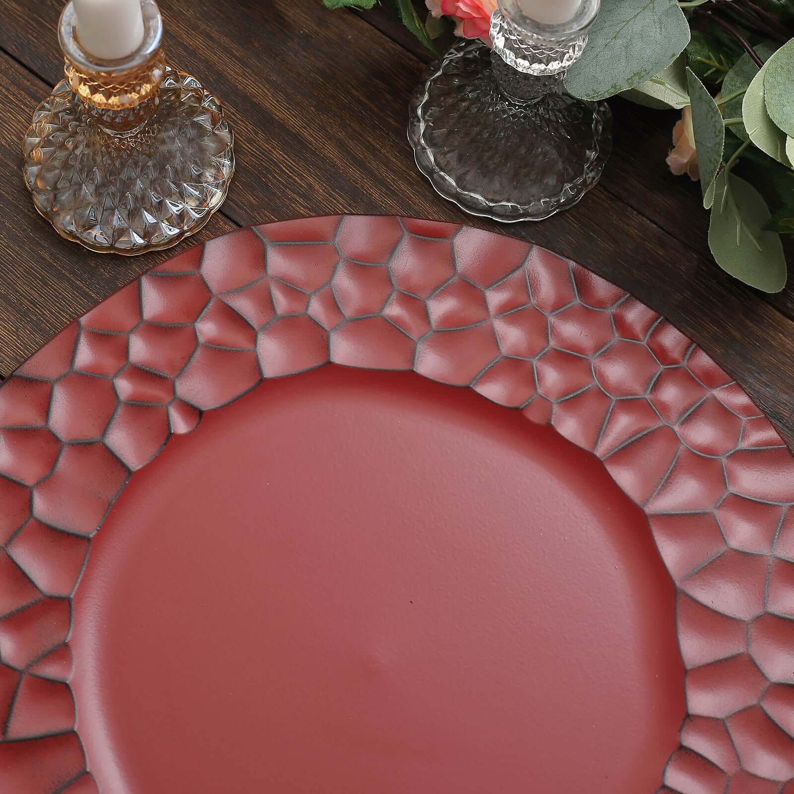 6-Pack Round Charger Plates 13 in Burgundy with Hammered Rim, Matte Finish Modern Dinner Charger Tableware