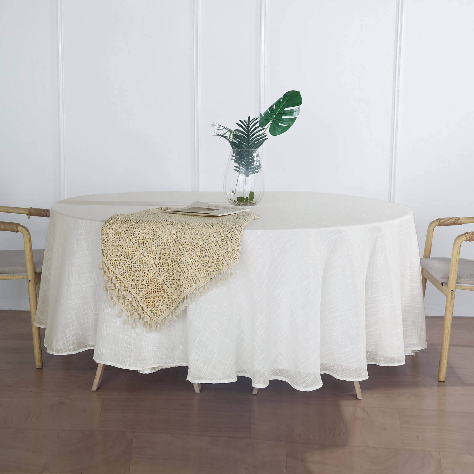 Faux Linen 108 Round Tablecloth White - Slubby Textured & Wrinkle Resistant for Banquets and Receptions