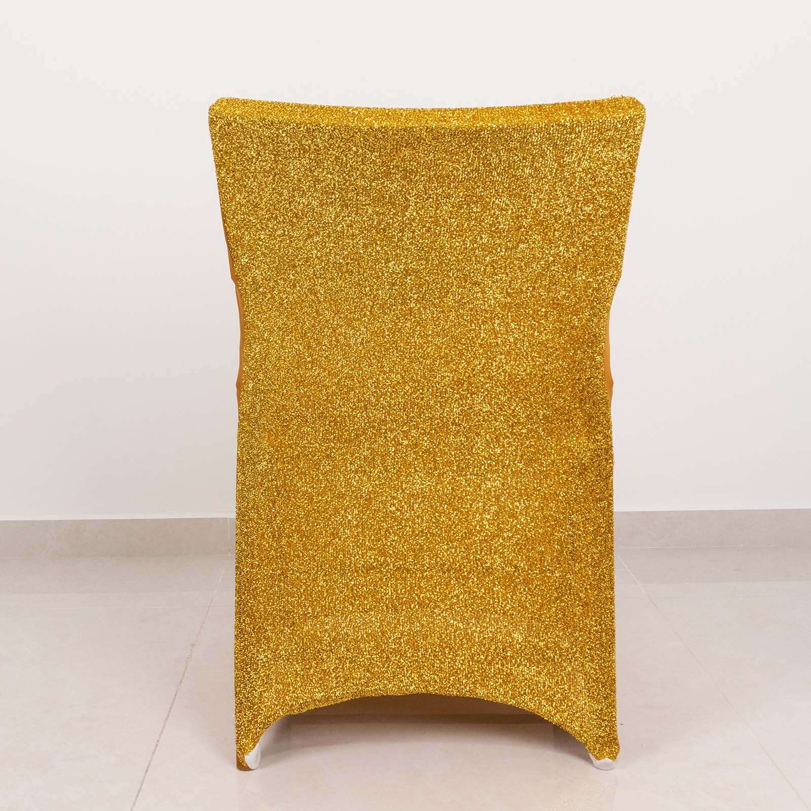 Stretch Spandex Chair Cover Gold for Folding Chairs - Luxurious Metallic Shimmer Tinsel Back Design Fitted Slipcover