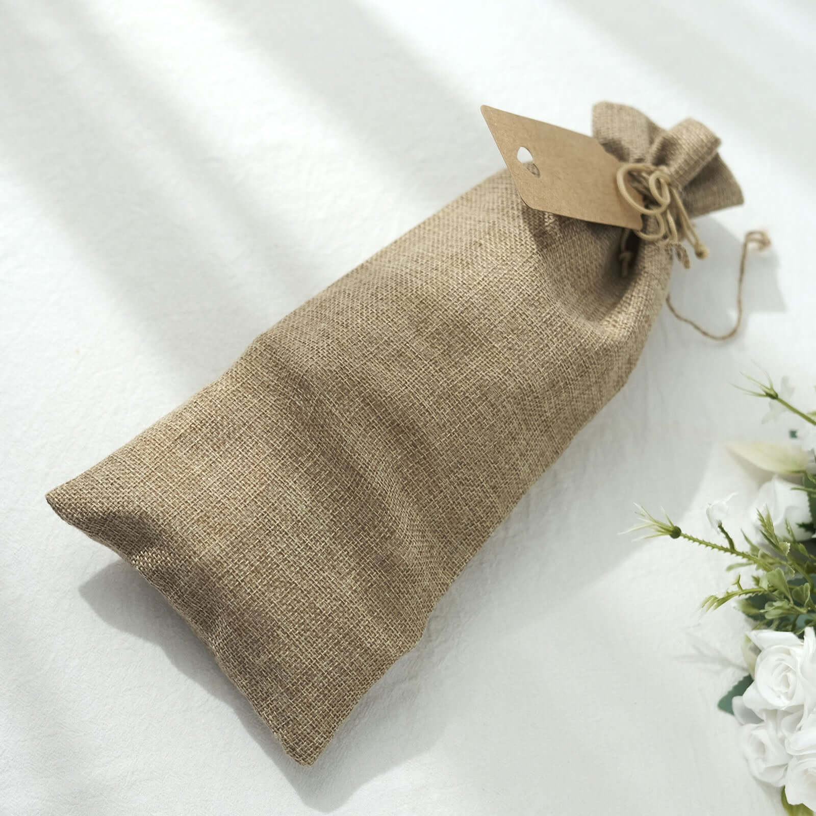 10 Pack Natural Faux Burlap 6x14 Reusable Wine Gift Favor Bags Party, Wedding Wine Bottle Covers With Drawstring, Tags and Jute Rope