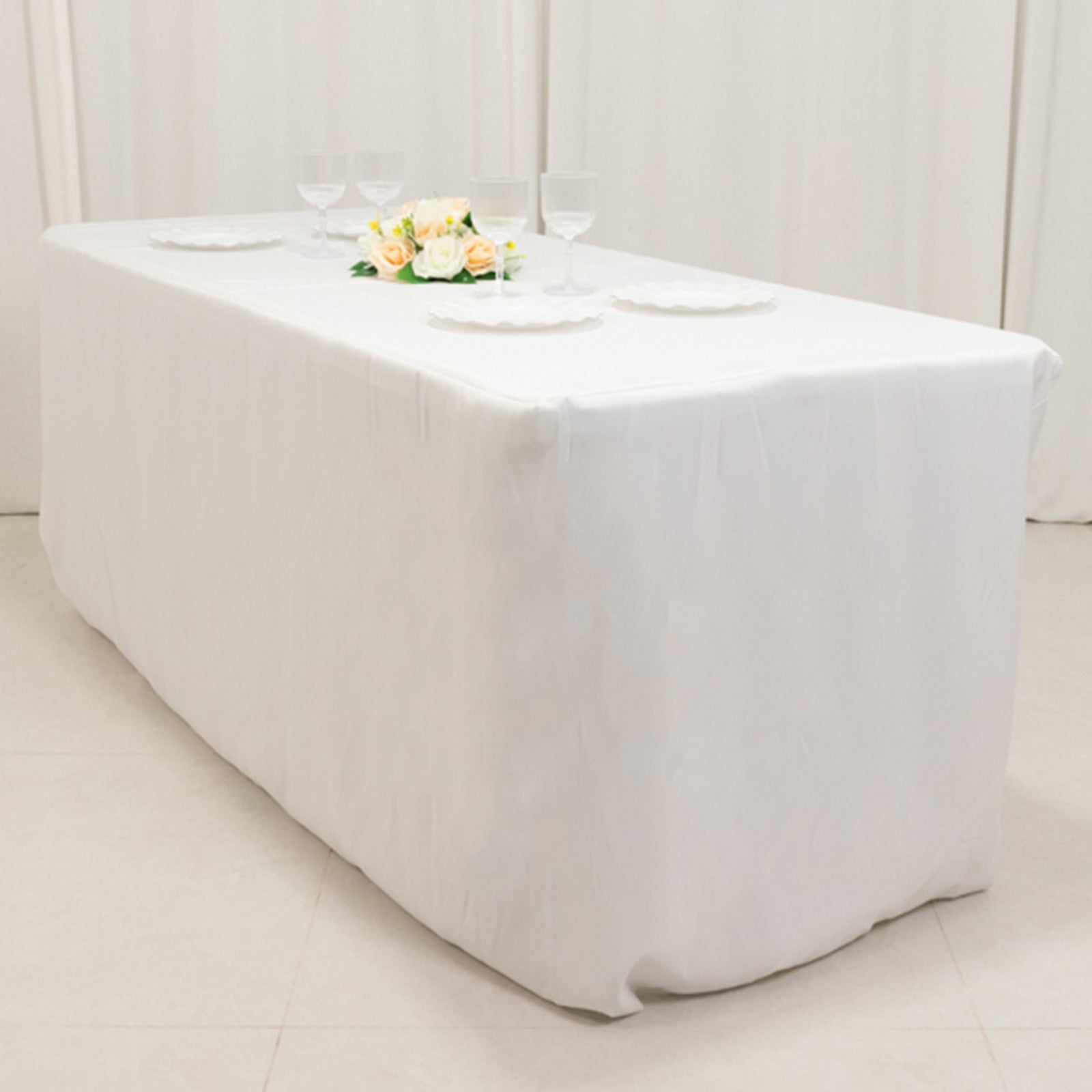 Fire Retardant Premium Polyester 6ft Rectangular Tablecloth White Fitted High-Performance Table Cover for Large Gatherings