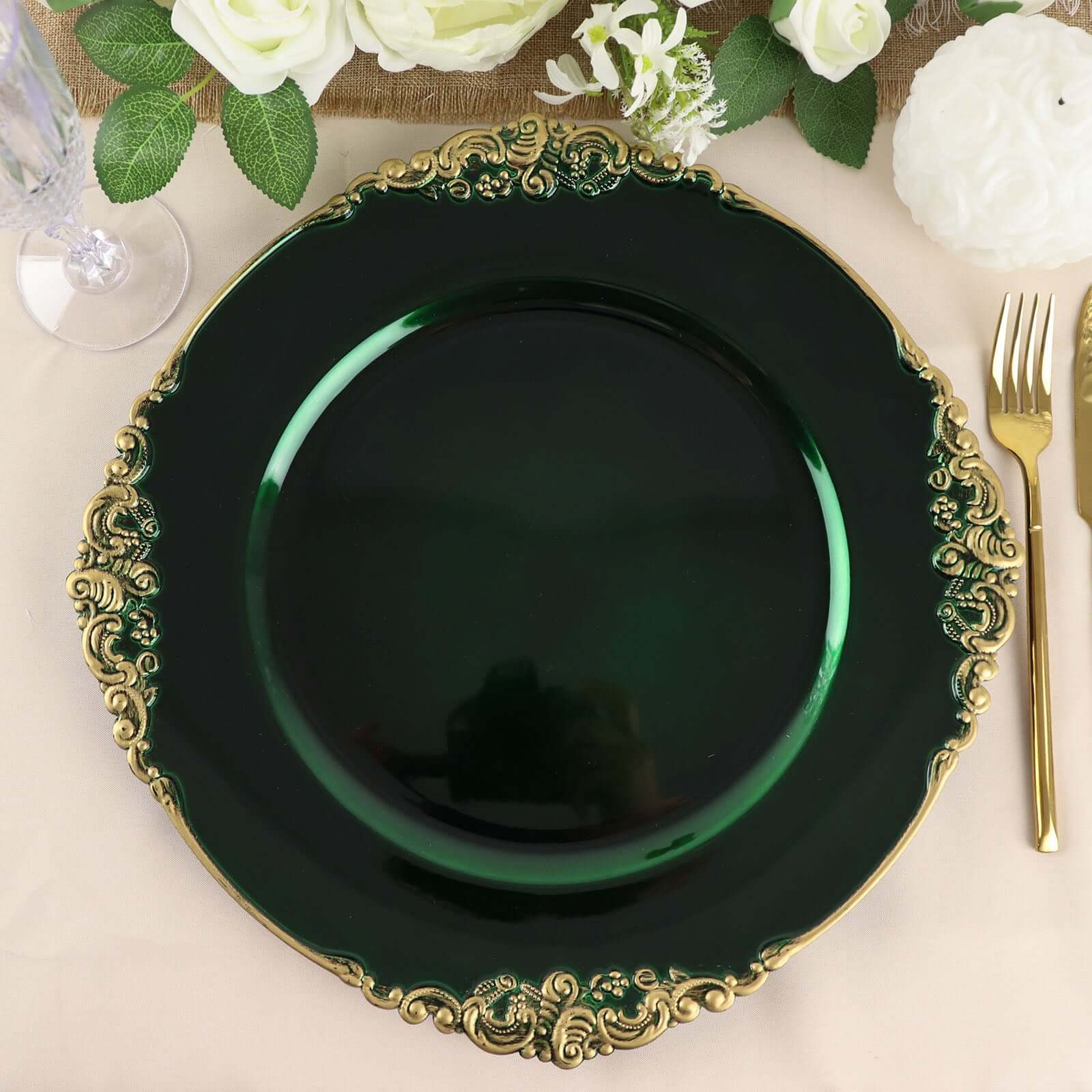 6-Pack Acrylic Round Charger Plates 13 in Hunter Emerald Green with Gold Embossed Baroque Rim, Antique Decorative Dinner Party Charger Tableware