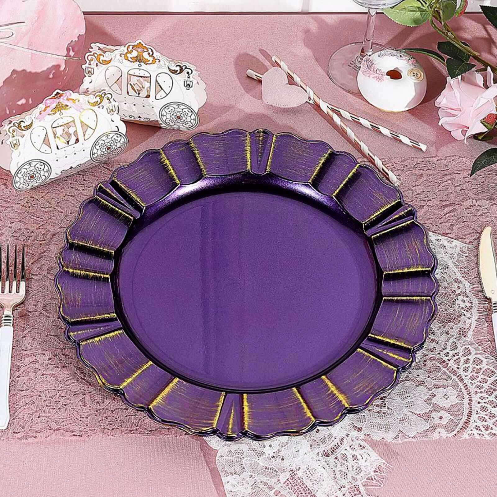 6-Pack Acrylic Plastic Round Charger Plates 13 in Purple with Gold Brushed Wavy Scalloped Rim, Decorative Dinner Party Charger Tableware