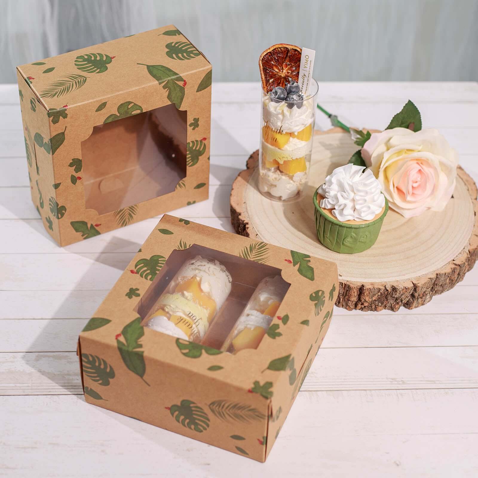 12-Pack Cardstock Cookie Boxes with Display Window - Tropical Leaf Design Disposable Treat Bakery Boxes for Donuts Cupcakes Strawberries & Pastries 6x6x3