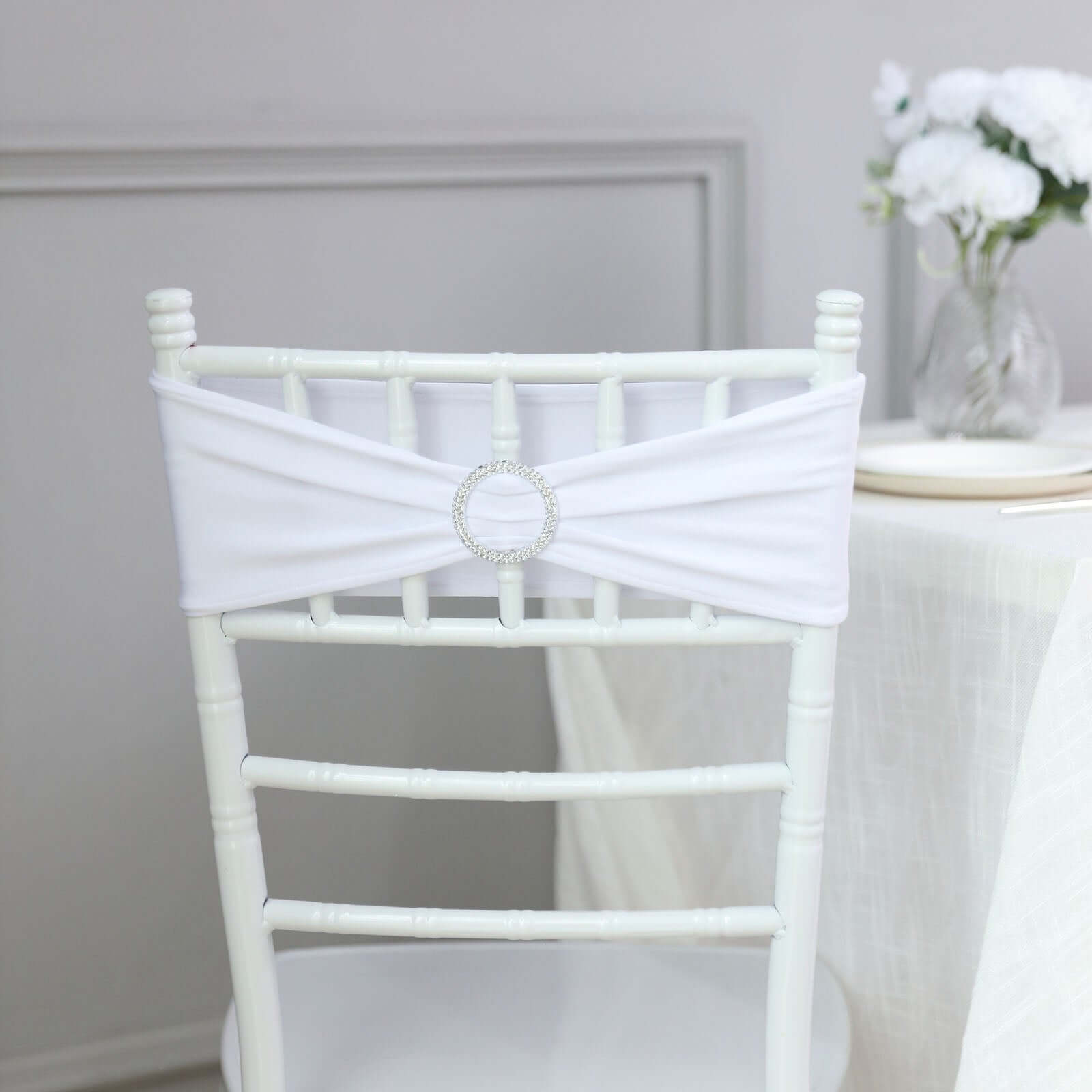 5 Pack Stretch Spandex Chair Sashes White - Classy Reusable Chair Bands with Silver Diamond Ring Slide Buckle 5x14