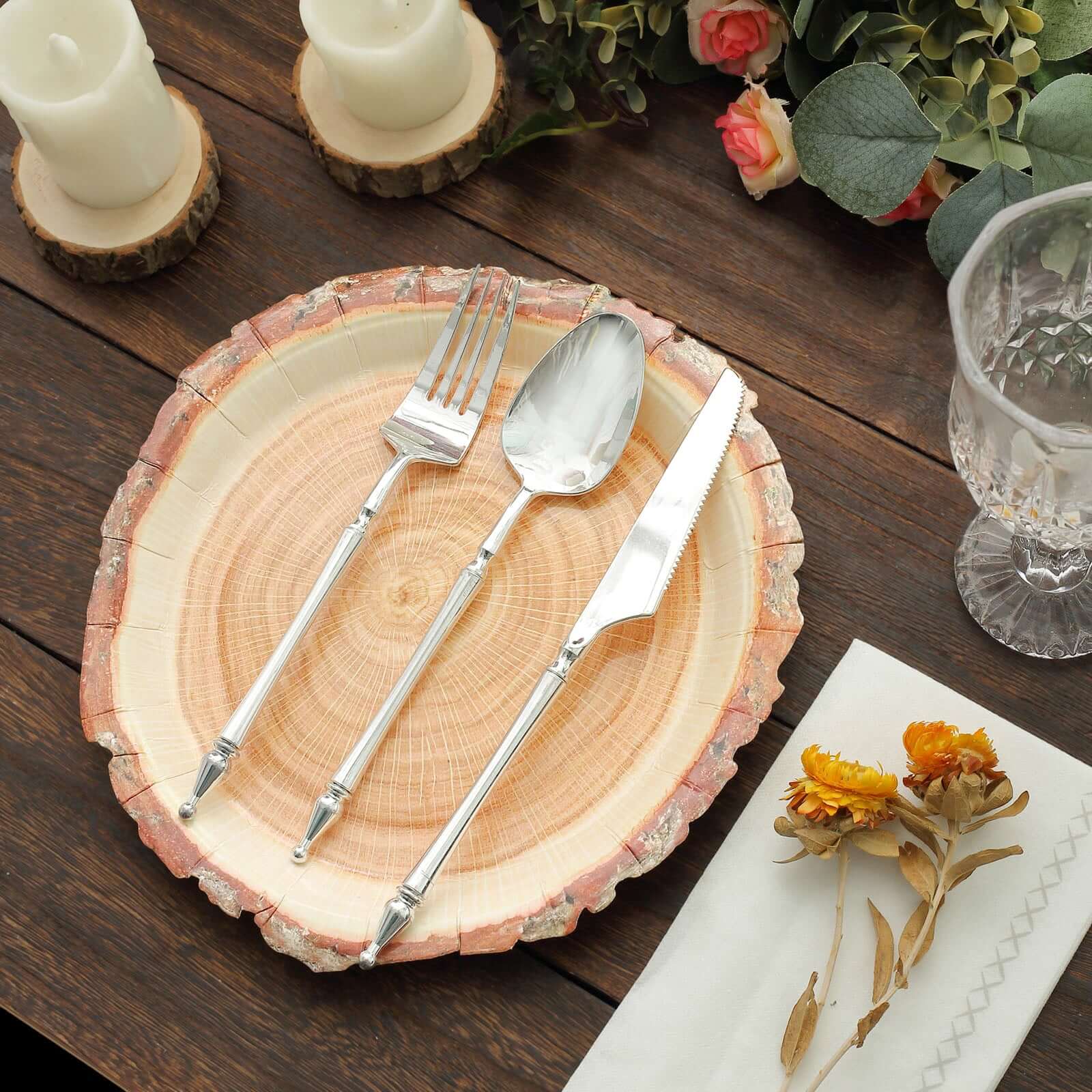 25-Pack Paper 10 Round Dinner Plates in Natural Wood Slice Print - Rustic & Nature-Inspired Disposable Party Plates