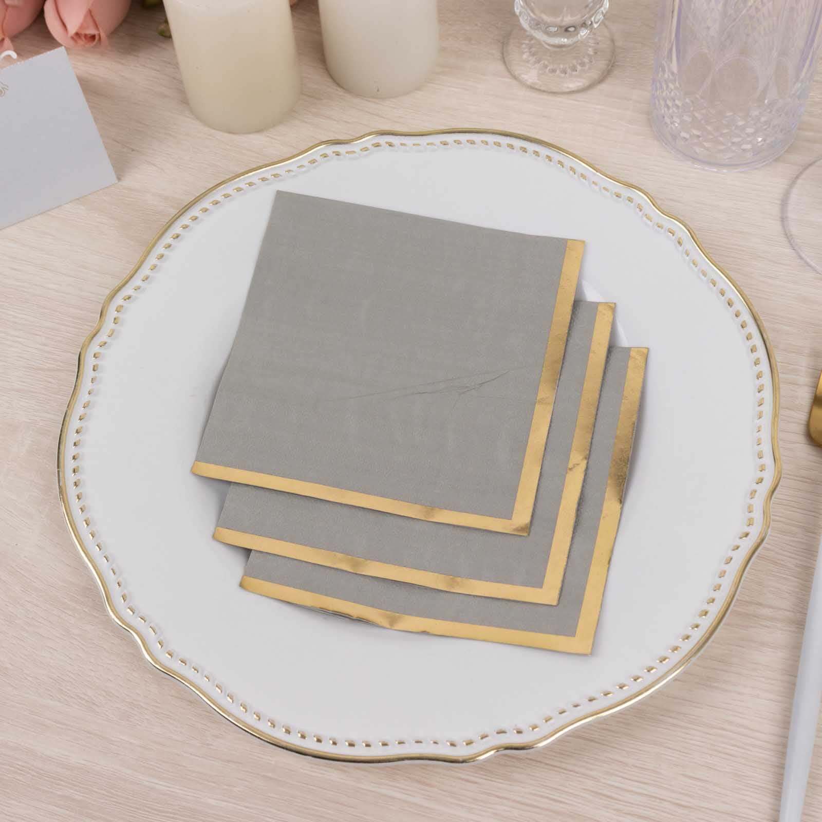 50-Pack Paper Beverage Napkins Gray with Gold Foil Edge - 2 Ply Disposable Soft 18GSM Cocktail Napkins 5x5