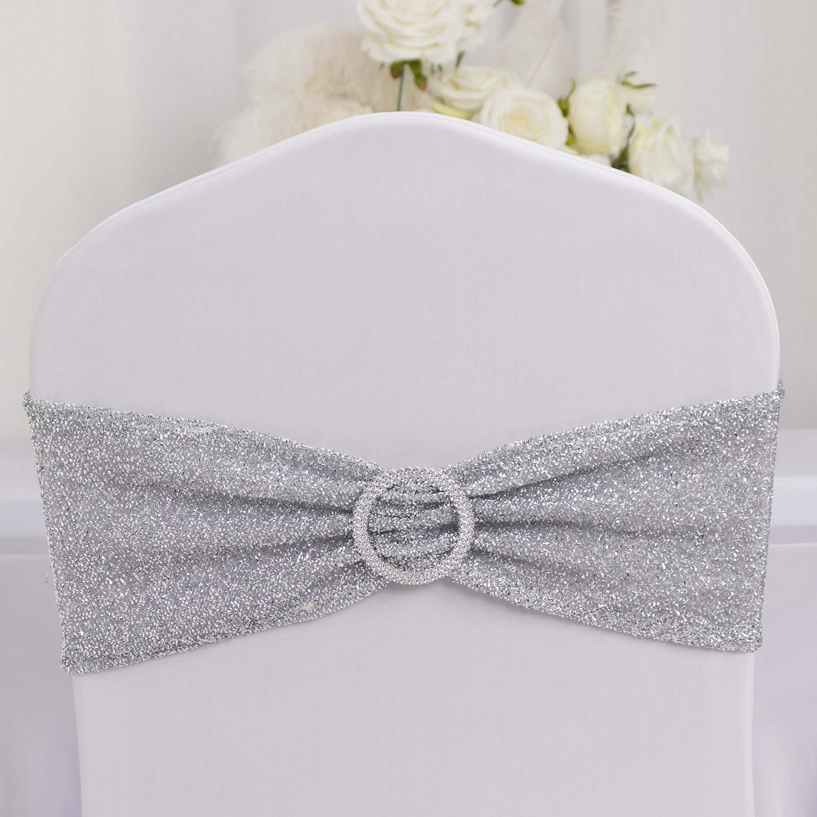 5 Pack Chair Sashes Shimmer Tinsel Spandex 5x12 with Silver Rhinestone Buckles Silver - Stylish Decor for Weddings