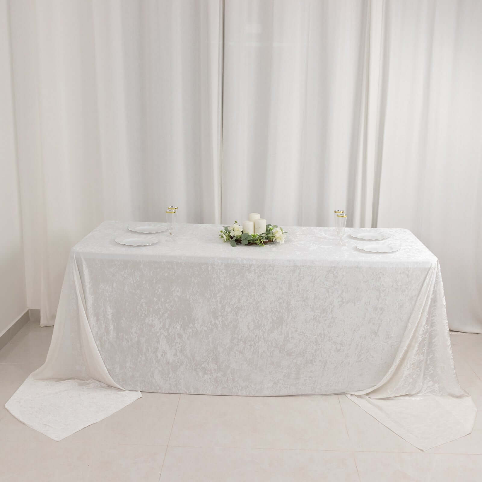 Premium Crushed Velvet 90x156 Rectangle Tablecloth White - Reusable Soft & Sophisticated Seamless Table Cover
