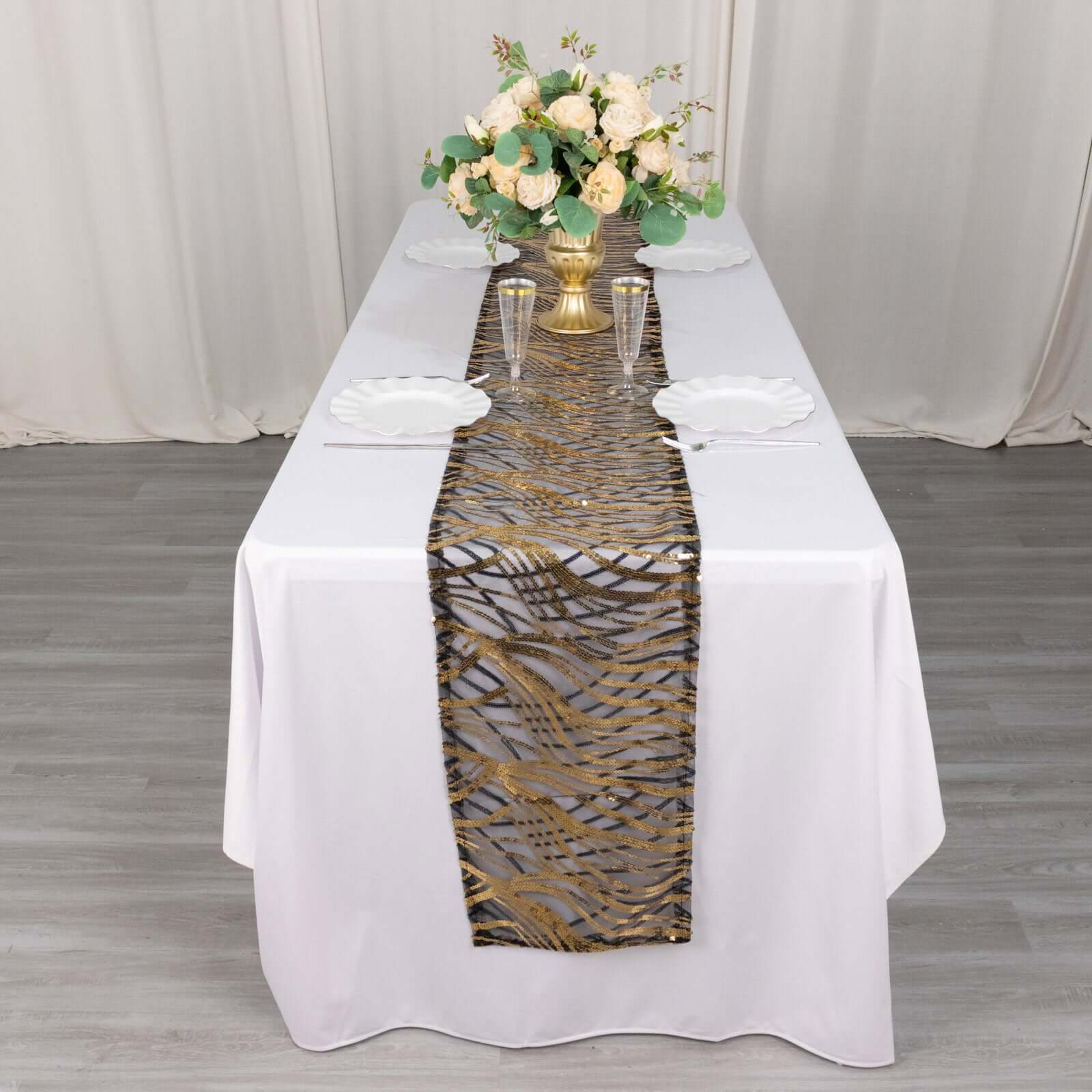 Sequin Mesh 12x108 Table Runner Black Gold Stylish Wave Embroidery