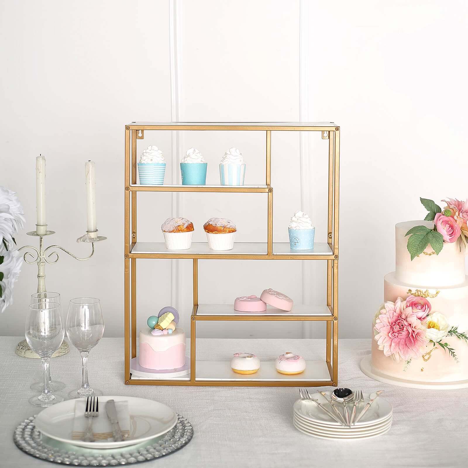 4-Tier Dessert Cupcake Stand Metal Gold with White Wood Panels - Wall Shelf & Book Display Rack 22