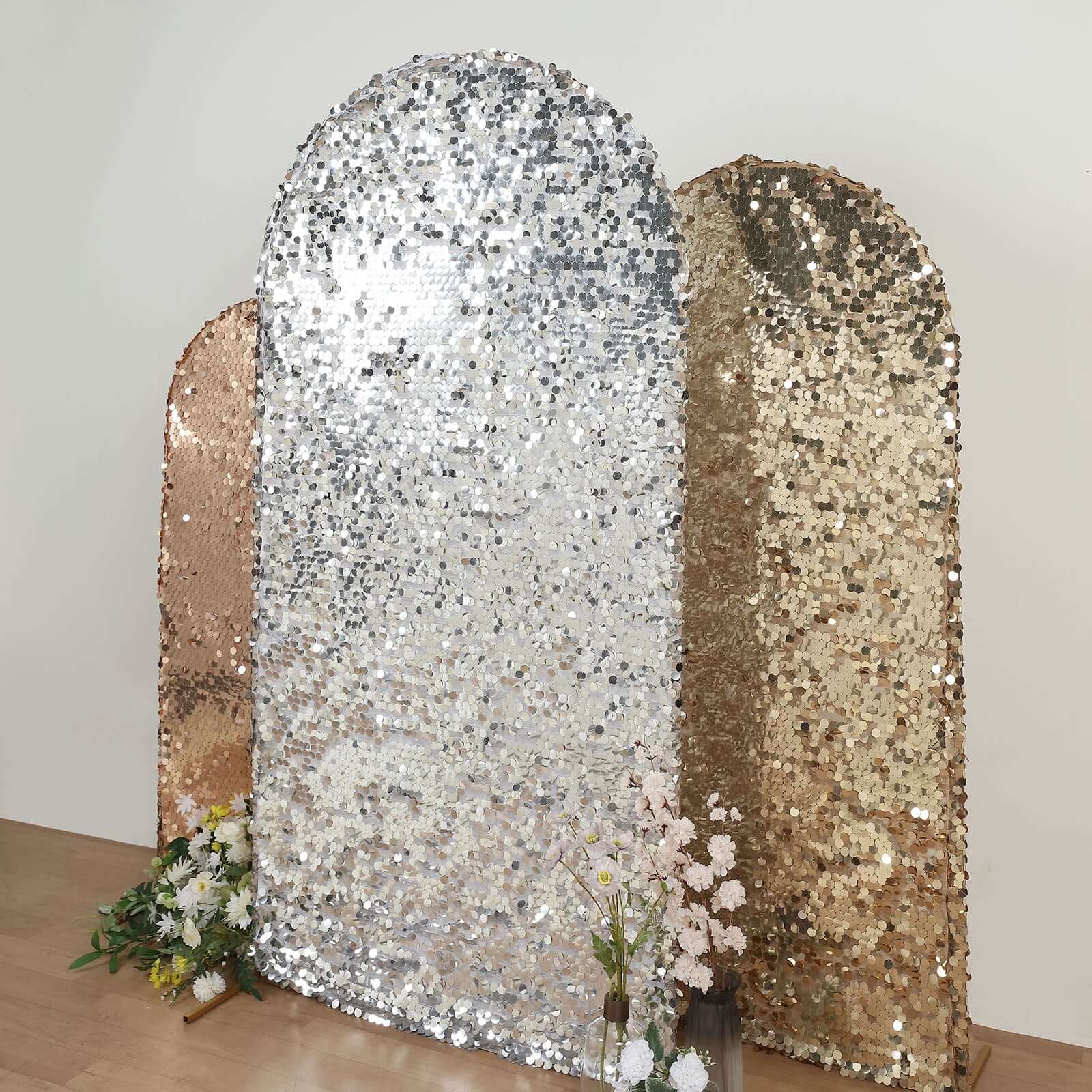 7ft Sparkly Silver Double Sided Big Payette Sequin Chiara Backdrop Stand Cover For Fitted Round Top Wedding Arch