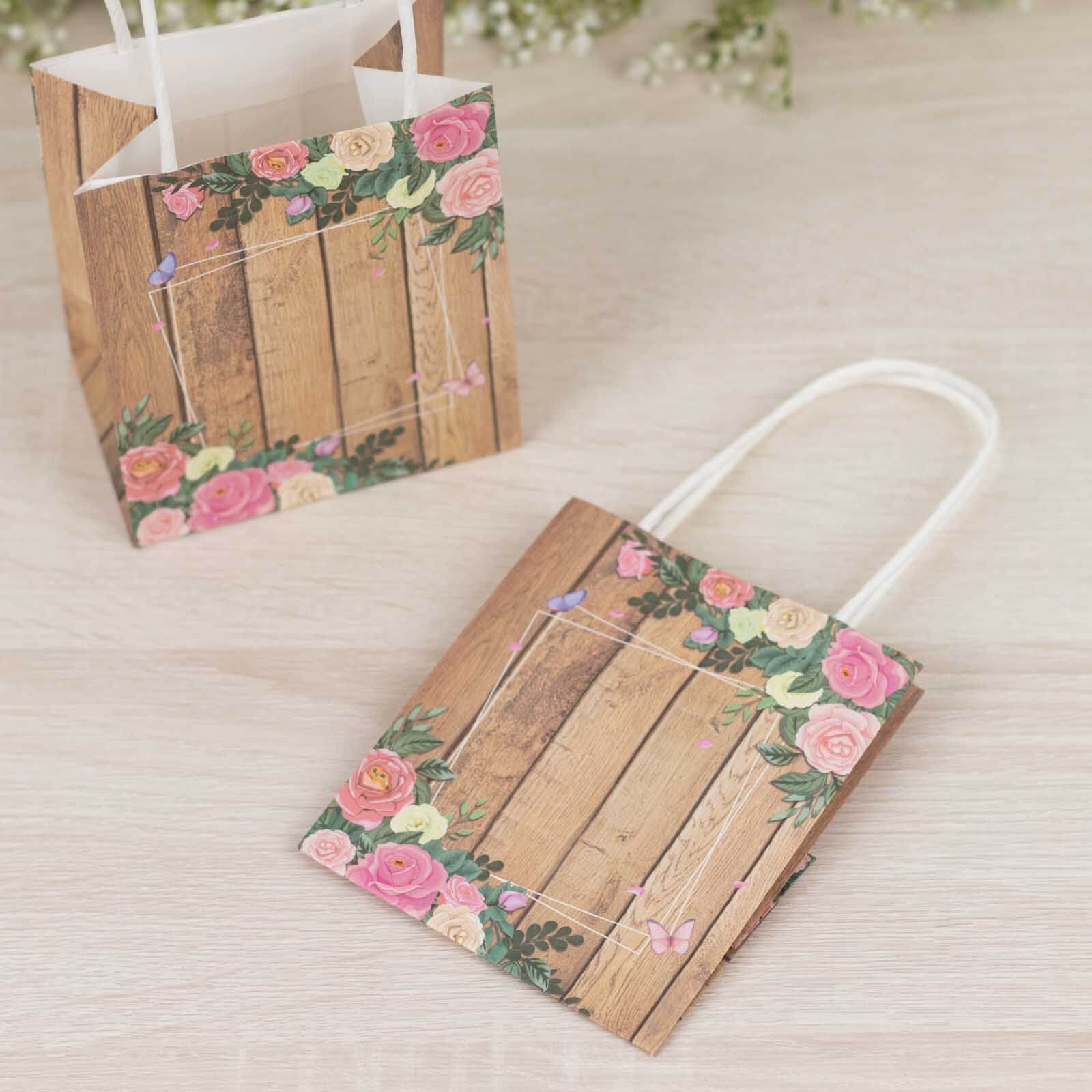 12 Pack Natural Wood Print Paper Party Favor Bags with Rose Floral Accent, Small Gift Goodie Bags With Handles - 4x5