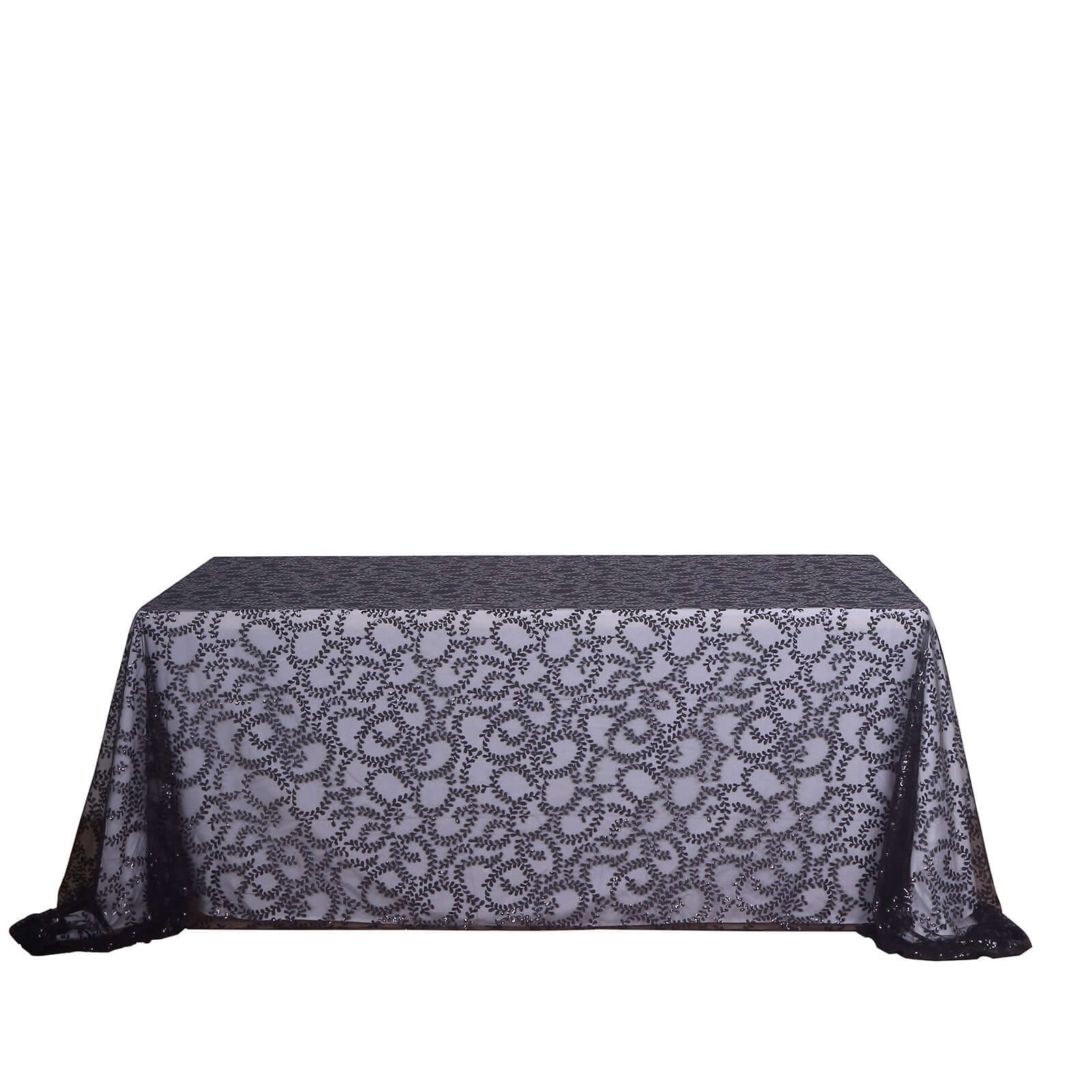 Tulle 90x156 Rectangle Tablecloth Black - Sequin Leaf Embroidered Table Cover