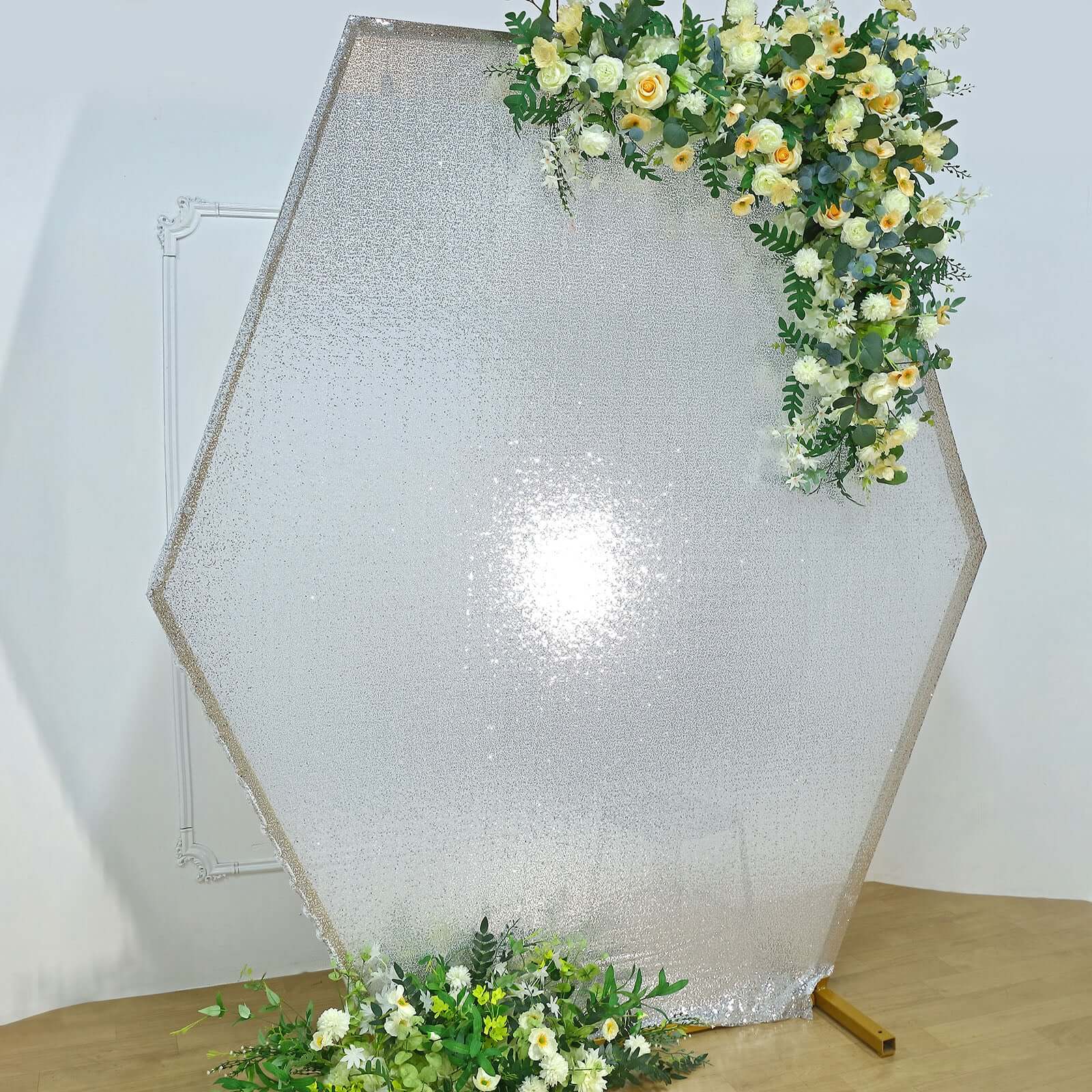 8ftx7ft Metallic Silver Shiny Sequin Hexagon Backdrop Stand Cover, Shiny Sparkle 2-Sided Custom Fit Wedding Arch Cover